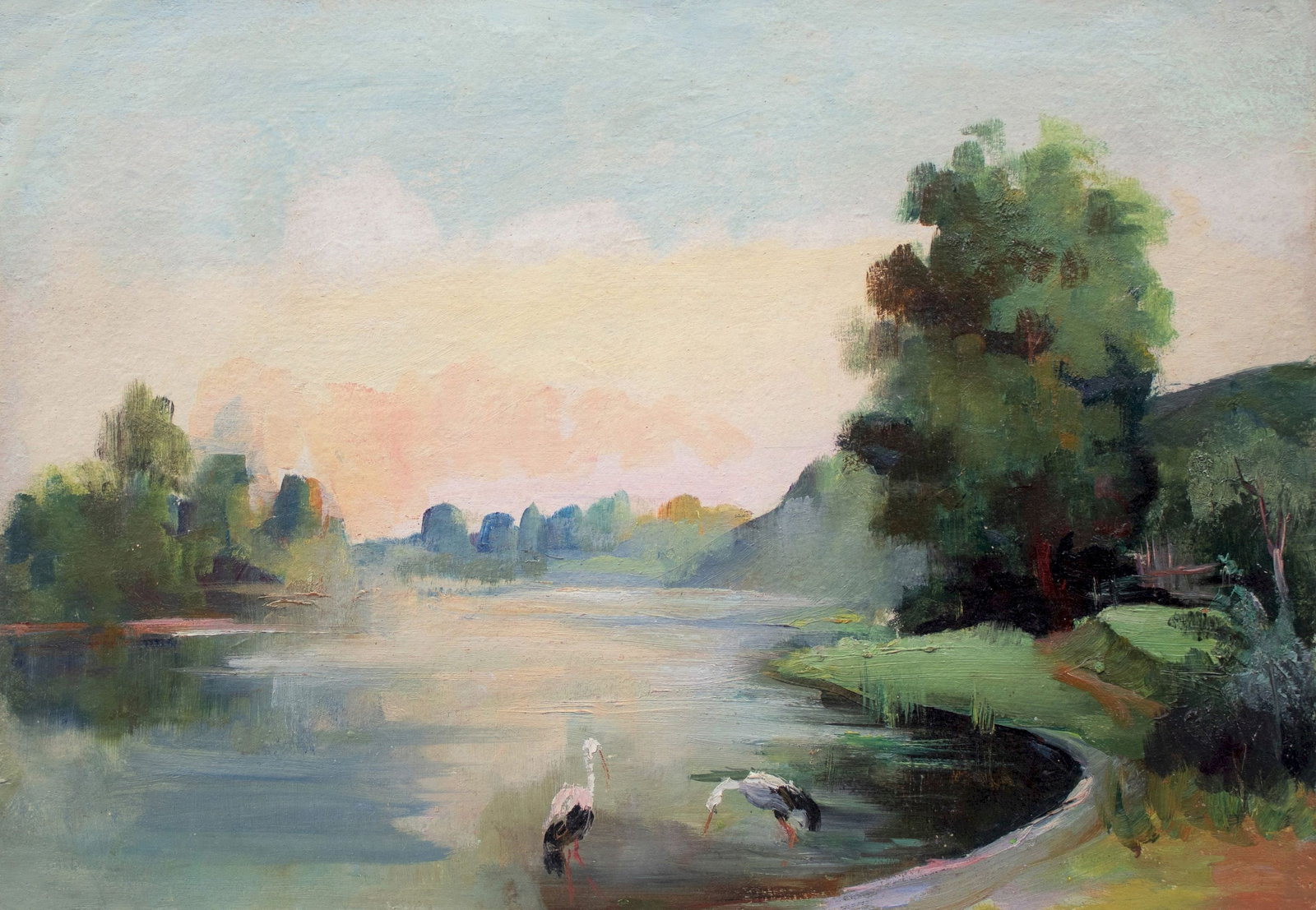 Unidentified (Ukrainian artist), "Storks on the water", oil on cardboard (1 of 3)