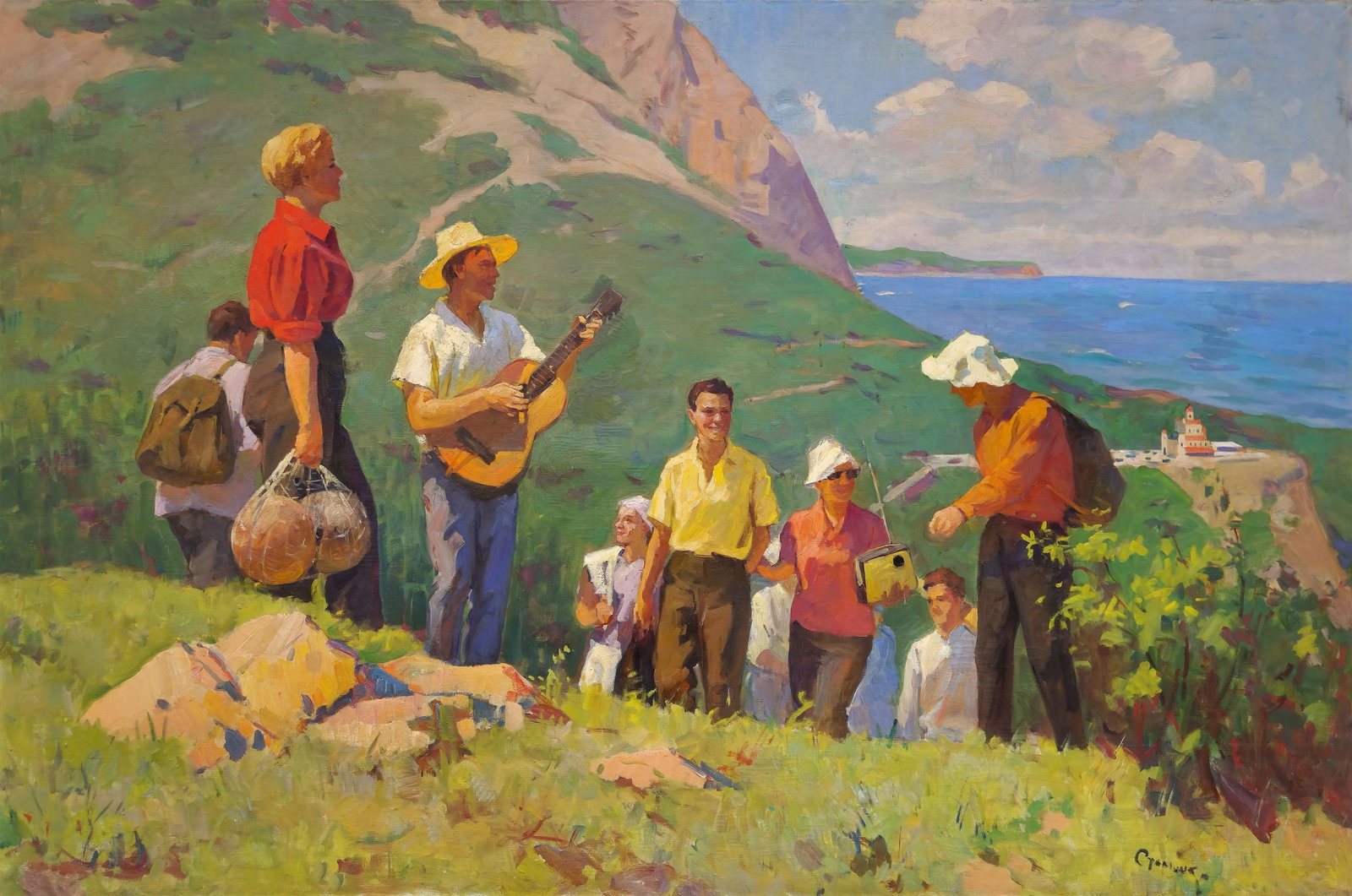 Starishko Galina (Ukrainian artist), "Tourists in Crimea", oil on canvas: ARTIST: Starishko Galina Fedorivna, Ukrainian artist TITLE: "Tourists in Crimea" SIZE: 146 x 218 cm, (57 2/4 x 85 3/4 in.) MEDIUM: oil on canvas YEAR OF CREATION: 1969 CONDITION: The painting is in go
