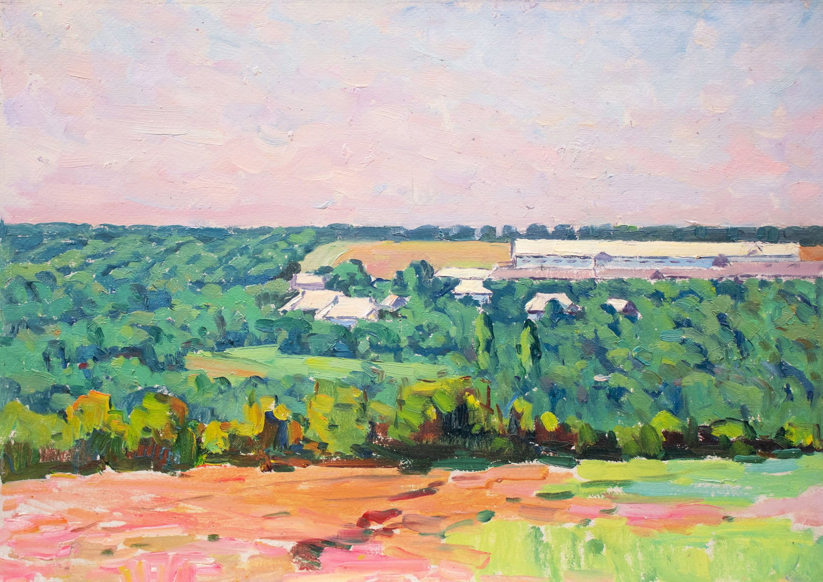 Tyukha Ivan (Ukrainian artist), "Soviet landscape", oil on cardboard: ARTIST: Tyukha Ivan Andriyovich, Ukrainian artist TITLE: "Soviet landscape" SIZE: 34 x 49 cm, (13 2/4 x 19 1/4 in.) MEDIUM: oil on cardboard YEAR OF CREATION: not dated CONDITION: The painting is in g