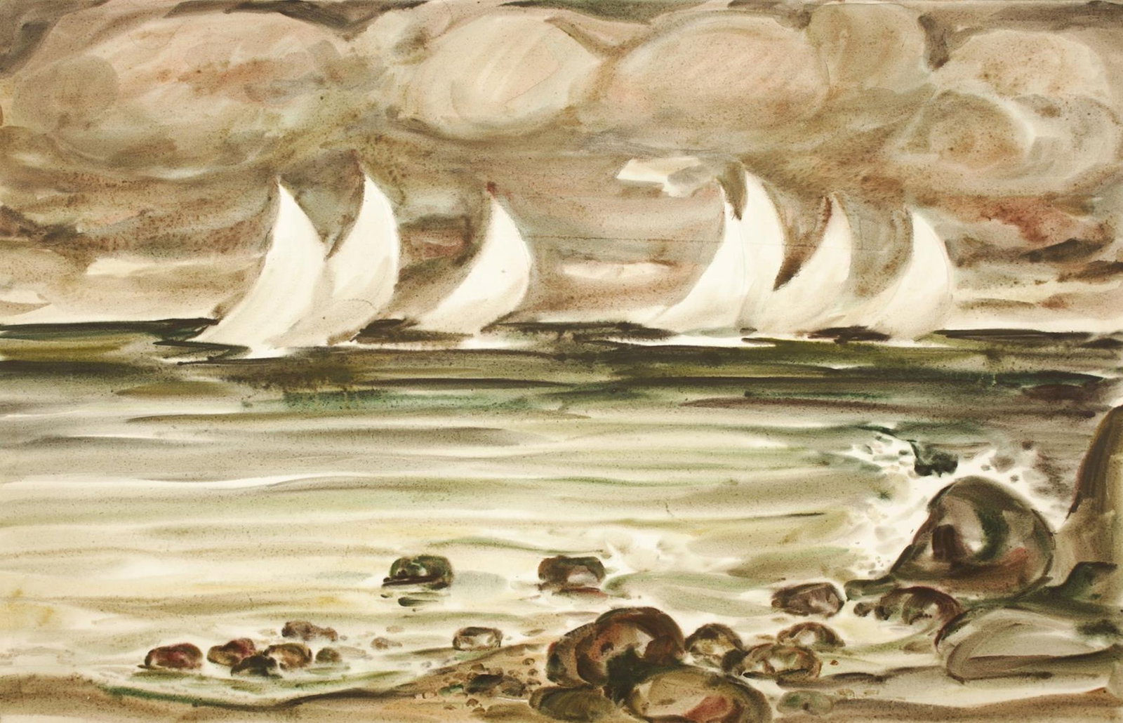 Mynka Olexandr (Ukrainian artist), "Strong wind", watercolor on paper: ARTIST: Mynka Olexandr Fedorovich, Ukrainian artist TITLE: "Strong wind" SIZE: 56 x 89 cm, (22 x 35 in.) MEDIUM: watercolor on paper YEAR OF CREATION: not dated CONDITION: The painting is in good vint