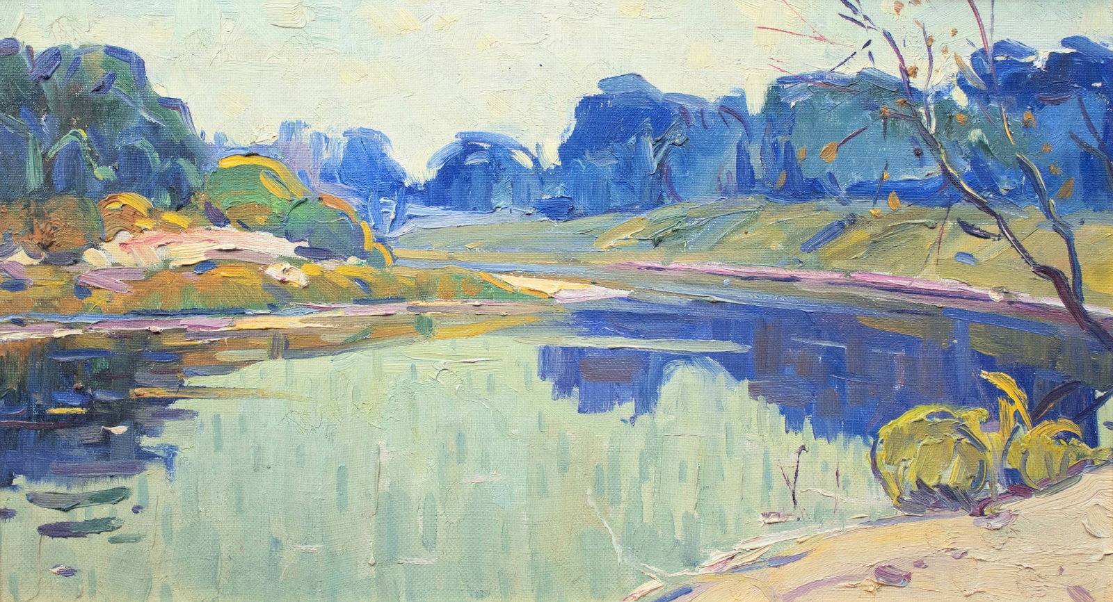 Tyukha Ivan (Ukrainian artist), "By the river", oil on cardboard: ARTIST: Tyukha Ivan Andriyovich, Ukrainian artist TITLE: "By the river" SIZE: 40 x 60 cm, (15 3/4 x 23 2/4 in.) MEDIUM: oil on cardboard YEAR OF CREATION: not dated CONDITION: The painting is in good 