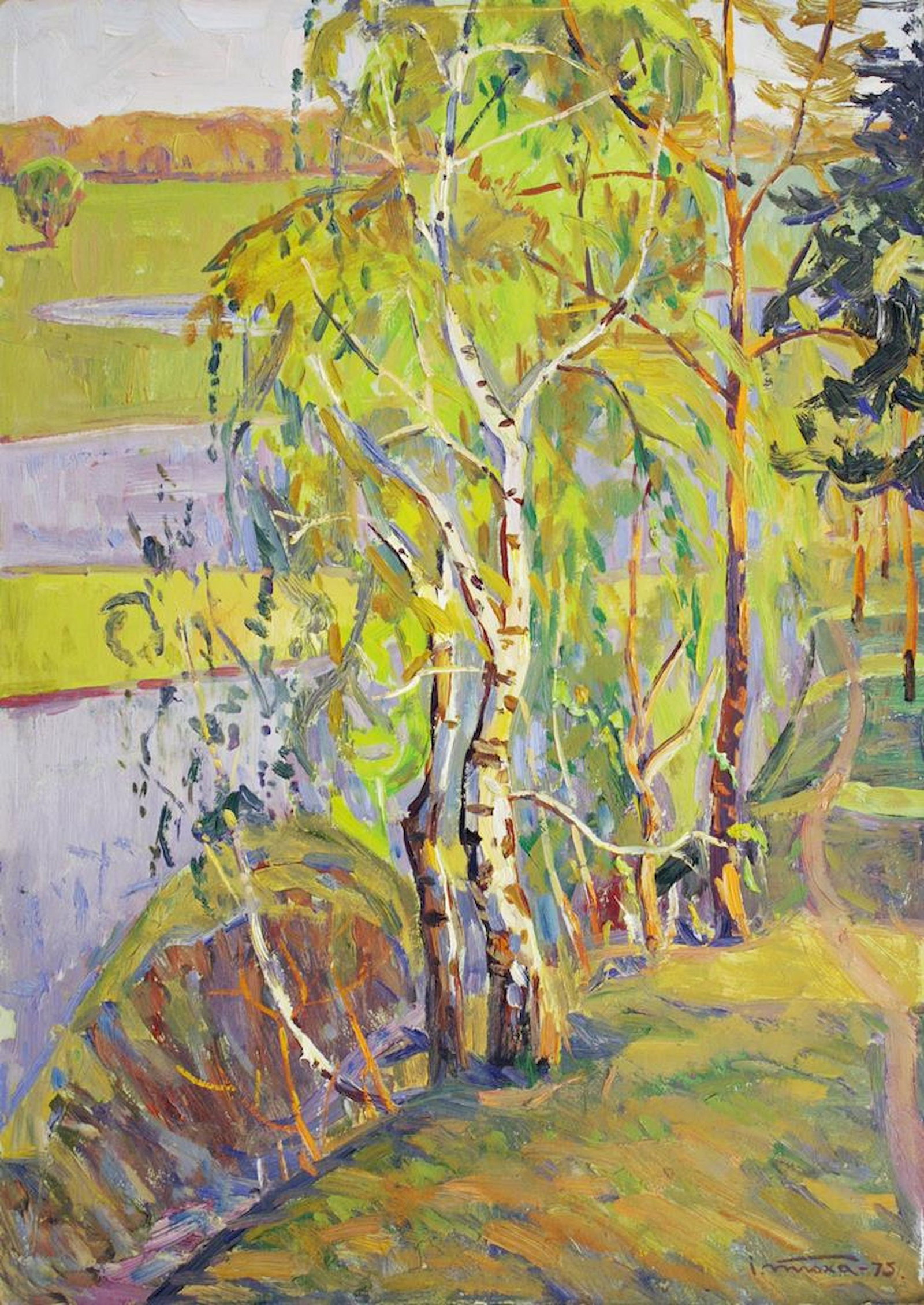 Tyukha Ivan (Ukrainian artist), "Koncha-Zaspa", oil on cardboard: ARTIST: Tyukha Ivan Andriyovich, Ukrainian artist TITLE: "Koncha-Zaspa" SIZE: 70 x 50 cm, (27 2/4 x 19 3/4 in.) MEDIUM: oil on cardboard YEAR OF CREATION: 1975 CONDITION: The painting is in good vinta