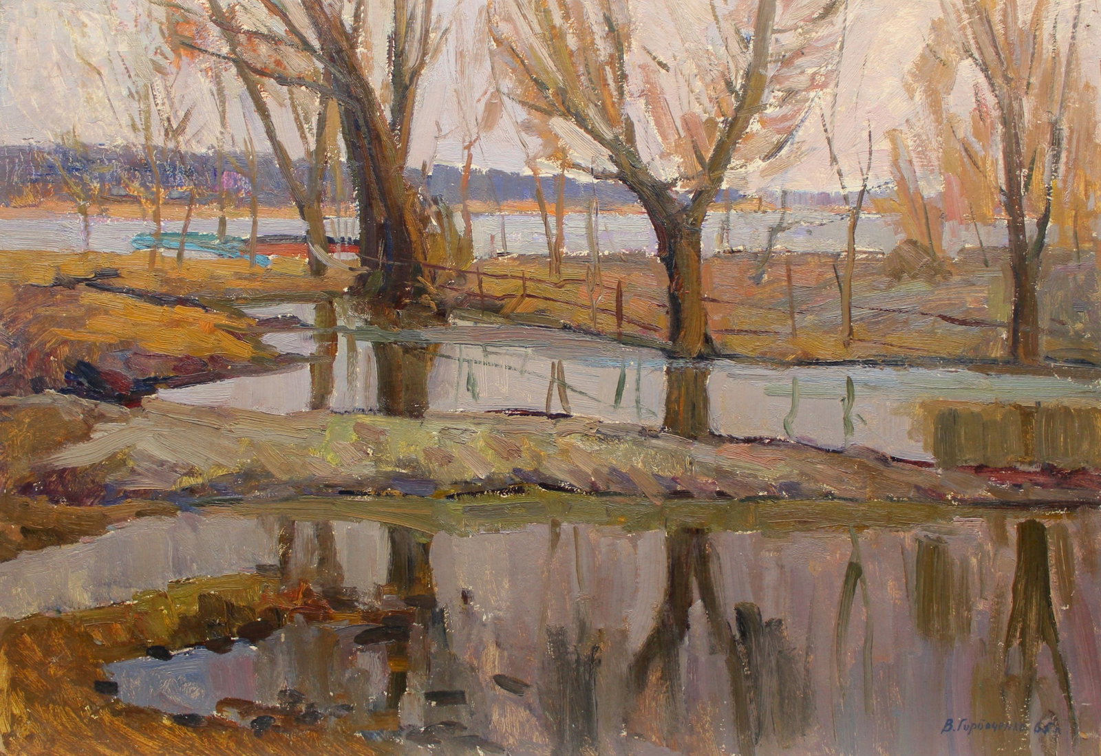 Gorbachenko Volodymyr (Ukrainian artist), "Spring flood", oil on cardboard: ARTIST: Gorbachenko Volodymyr Semenovich, Ukrainian artist TITLE: "Spring flood" SIZE: 50 x 70 cm, (19 3/4 x 27 2/4 in.) MEDIUM: oil on cardboard YEAR OF CREATION: 1961 CONDITION: The painting is in g