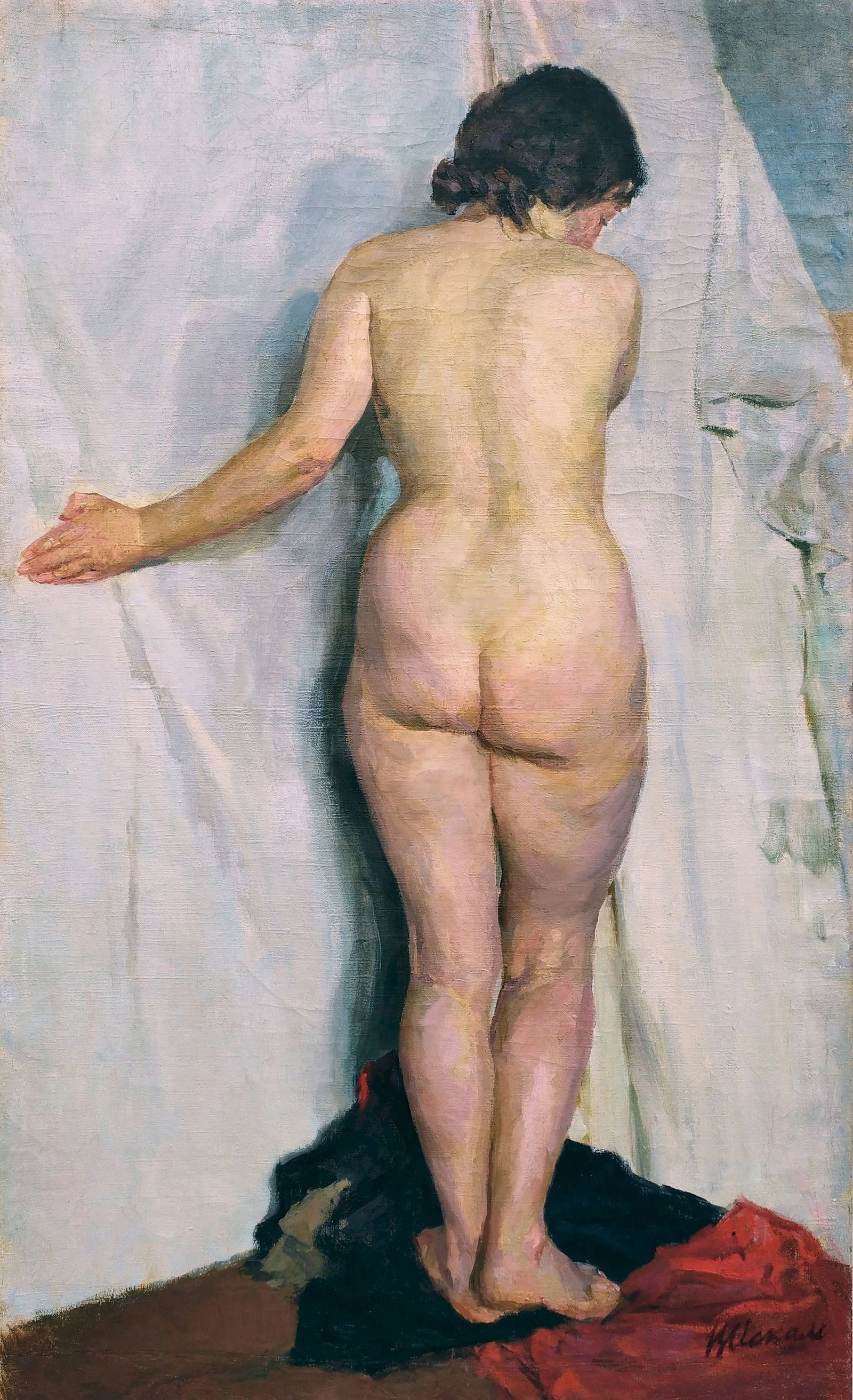 Iskam Viktor (Ukrainian artist), "Figure turned back", oil on canvas: ARTIST: Iskam Viktor Vasylievich, Ukrainian artist TITLE: "Figure turned back" SIZE: 103 x 63 cm, (40 2/4 x 24 3/4 in.) MEDIUM: oil on canvas YEAR OF CREATION: not dated CONDITION: The painting is in 