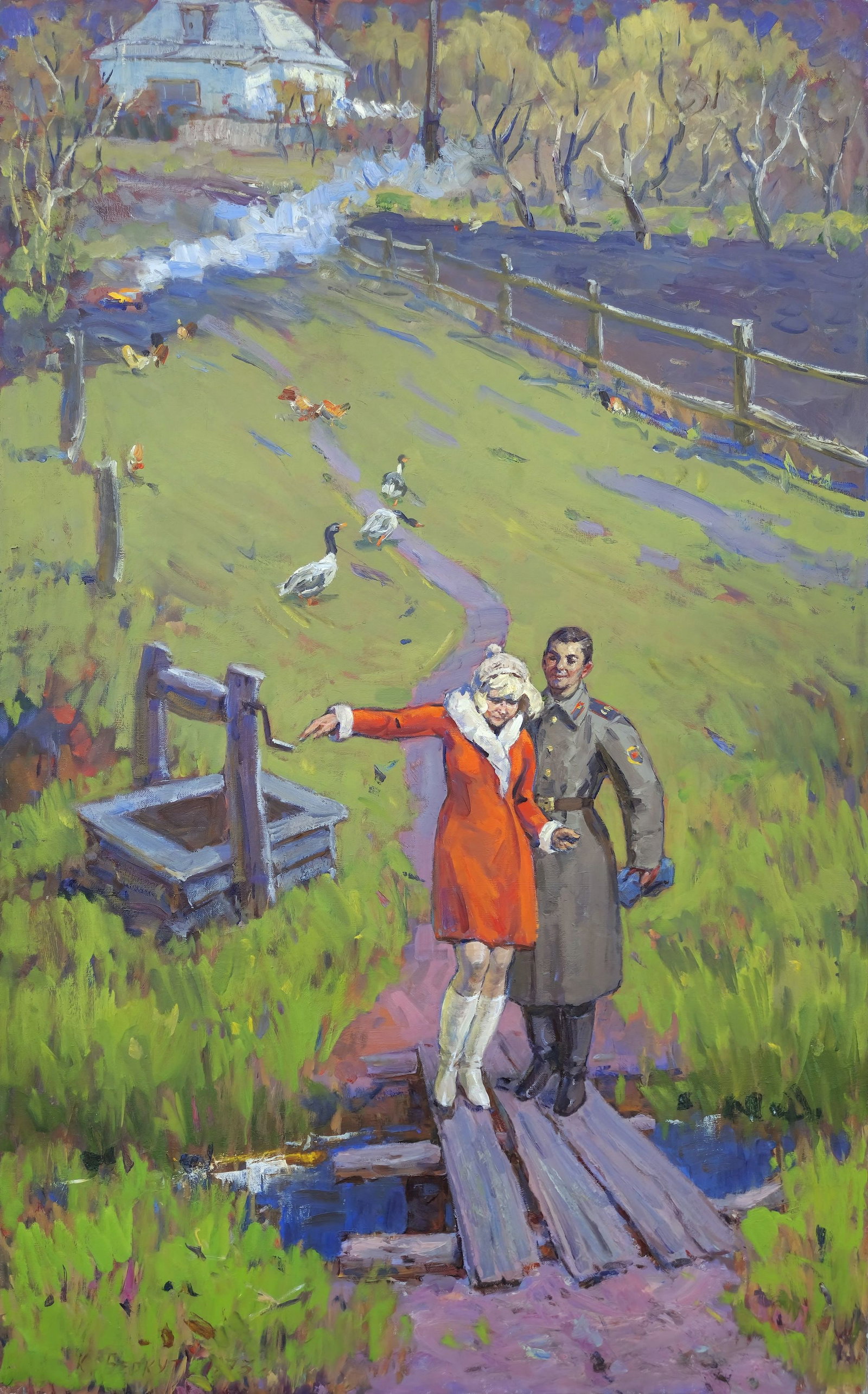 Berkuta Kommunar (Ukrainian artist), "At native land", oil on canvas: ARTIST: Berkuta Kommunar Savelievich, Ukrainian artist TITLE: "At native land" SIZE: 170 x 108 cm, (67 x 42 2/4 in.) MEDIUM: oil on canvas YEAR OF CREATION: not dated CONDITION: The painting is in goo