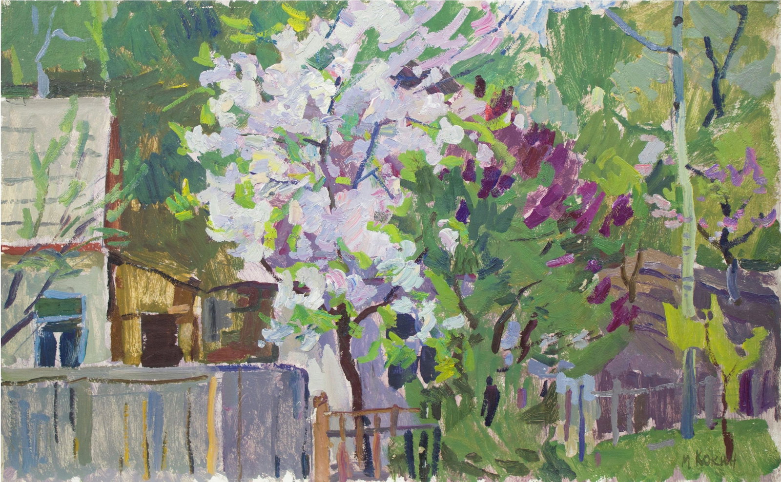 Kokin Mykhaylo (Ukrainian artist), "Bloom", oil on cardboard: ARTIST: Kokin Mykhaylo Oleksandrovich, Ukrainian artist TITLE: "Bloom" SIZE: 50 x 80 cm, (19 3/4 x 31 2/4 in.) MEDIUM: oil on cardboard YEAR OF CREATION: 1967 CONDITION: The painting is in good vintag