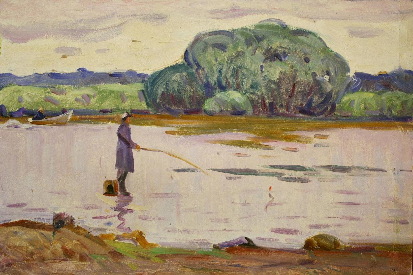 Tyukha Ivan (Ukrainian artist), "Fishing", oil on cardboard: ARTIST: Tyukha Ivan Andriyovich, Ukrainian artist TITLE: "Fishing" SIZE: 35 x 50 cm, (13 3/4 x 19 3/4 in.) MEDIUM: oil on cardboard YEAR OF CREATION: not dated CONDITION: The painting is in good vinta