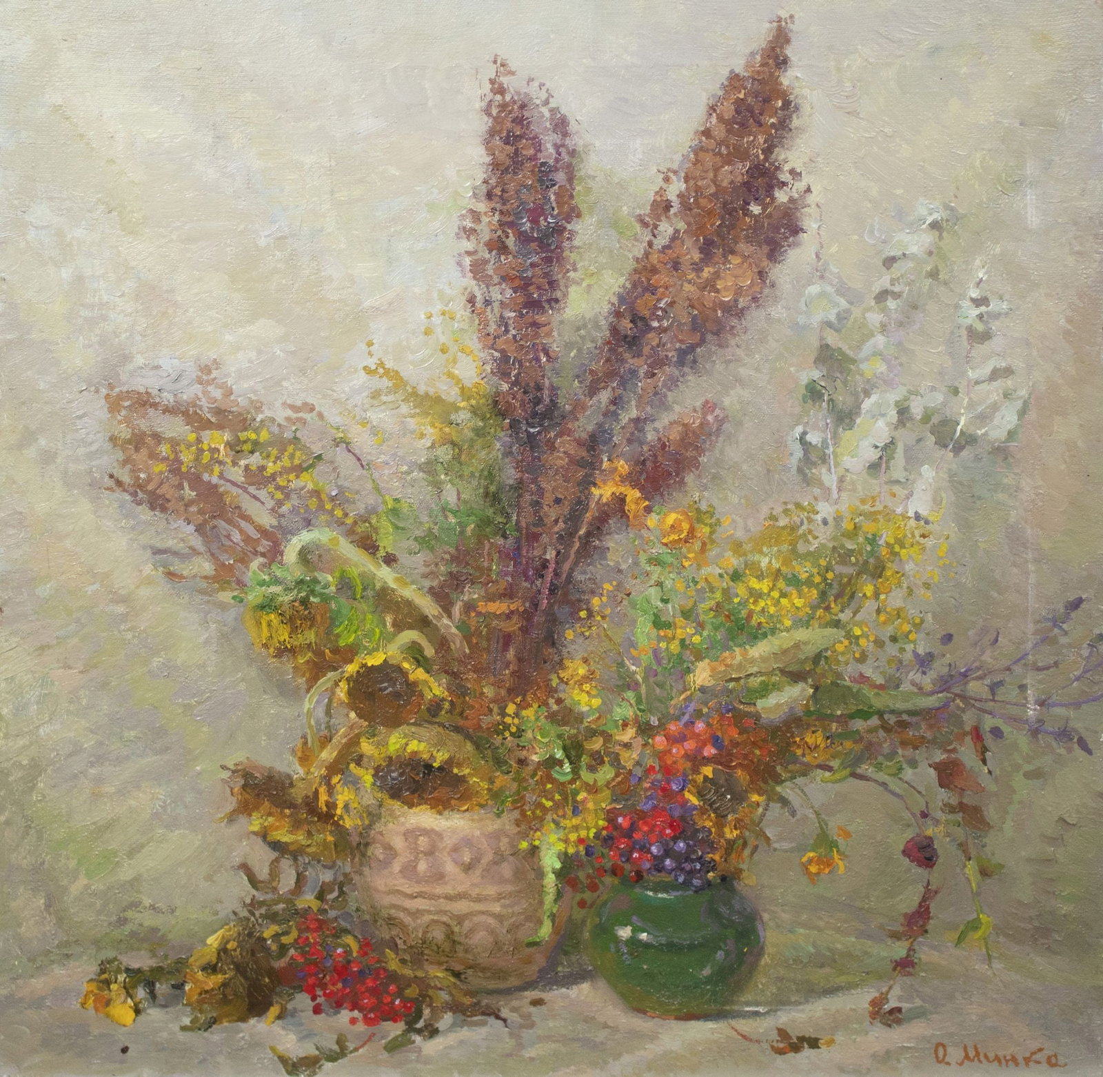 Mynka Olexandr (Ukrainian artist), "Still life "autumn", oil on canvas: ARTIST: Mynka Olexandr Fedorovich, Ukrainian artist TITLE: "Still life "autumn" SIZE: 70 x 70 cm, (27 2/4 x 27 2/4 in.) MEDIUM: oil on canvas YEAR OF CREATION: 1991 CONDITION: The painting is in good 