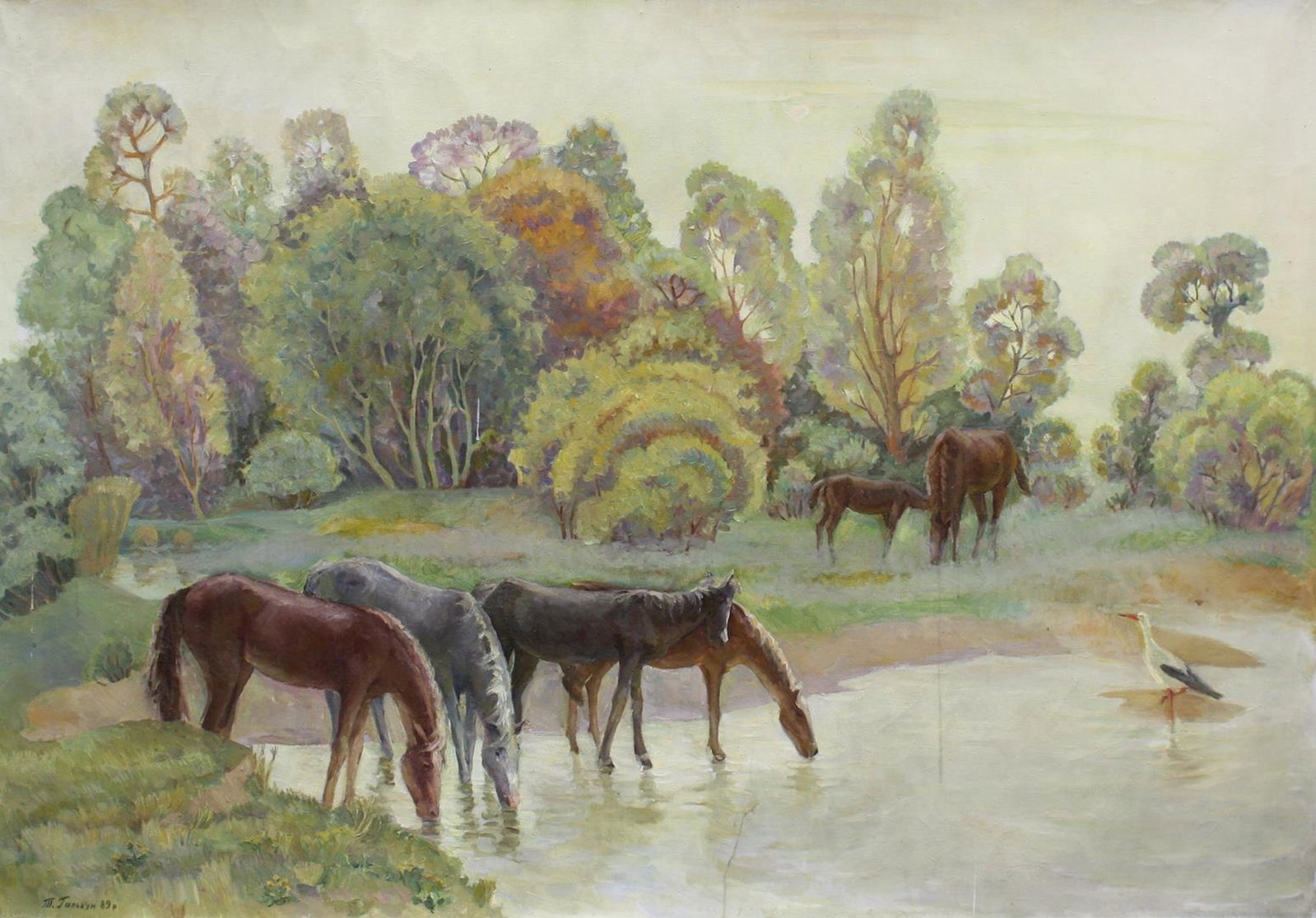 Galkun Tatyana (Ukrainian artist), "Herd of horses", oil on canvas: ARTIST: Galkun Tatyana Dmytrivna, Ukrainian artist TITLE: "Herd of horses" SIZE: 123 x 179 cm, (48 2/4 x 70 2/4 in.) MEDIUM: oil on canvas YEAR OF CREATION: 1989 CONDITION: The painting is in good vin