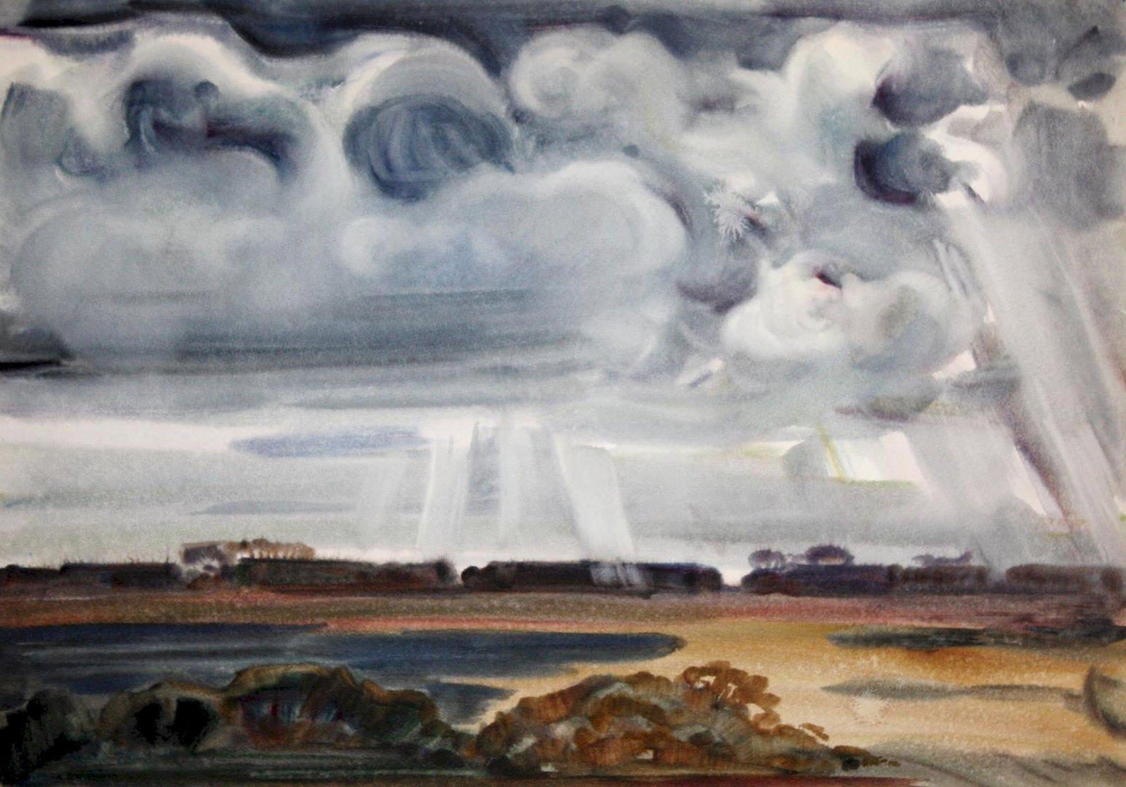 Kirilkov Valentin (Ukrainian artist), "Embarks rain", watercolor on paper: ARTIST: Kirilkov Valentin Feodosievich, Ukrainian artist TITLE: "Embarks rain" SIZE: 51 x 73 cm, (20 x 28 3/4 in.) MEDIUM: watercolor on paper YEAR OF CREATION: not dated CONDITION: The painting is in