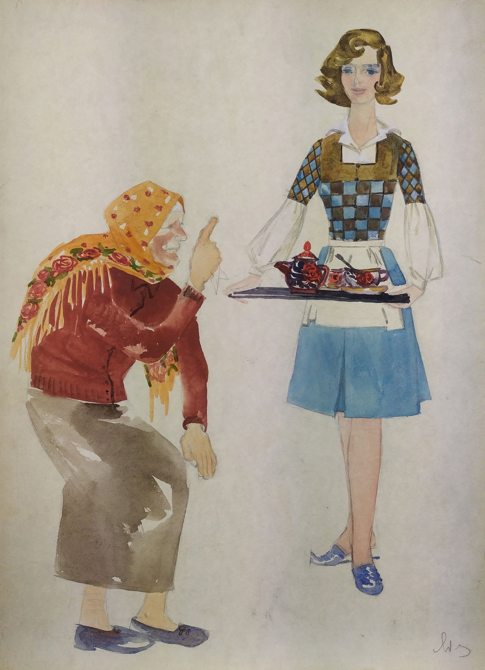 Yablonska Olena (Ukrainian artist), "Something is wrong again", watercolor on cardboard: ARTIST: Yablonska Olena Nylivna, Ukrainian artist TITLE: "Something is wrong again" SIZE: 54 x 40 cm, (21 1/4 x 15 3/4 in.) MEDIUM: watercolor on cardboard YEAR OF CREATION: not dated CONDITION: The p