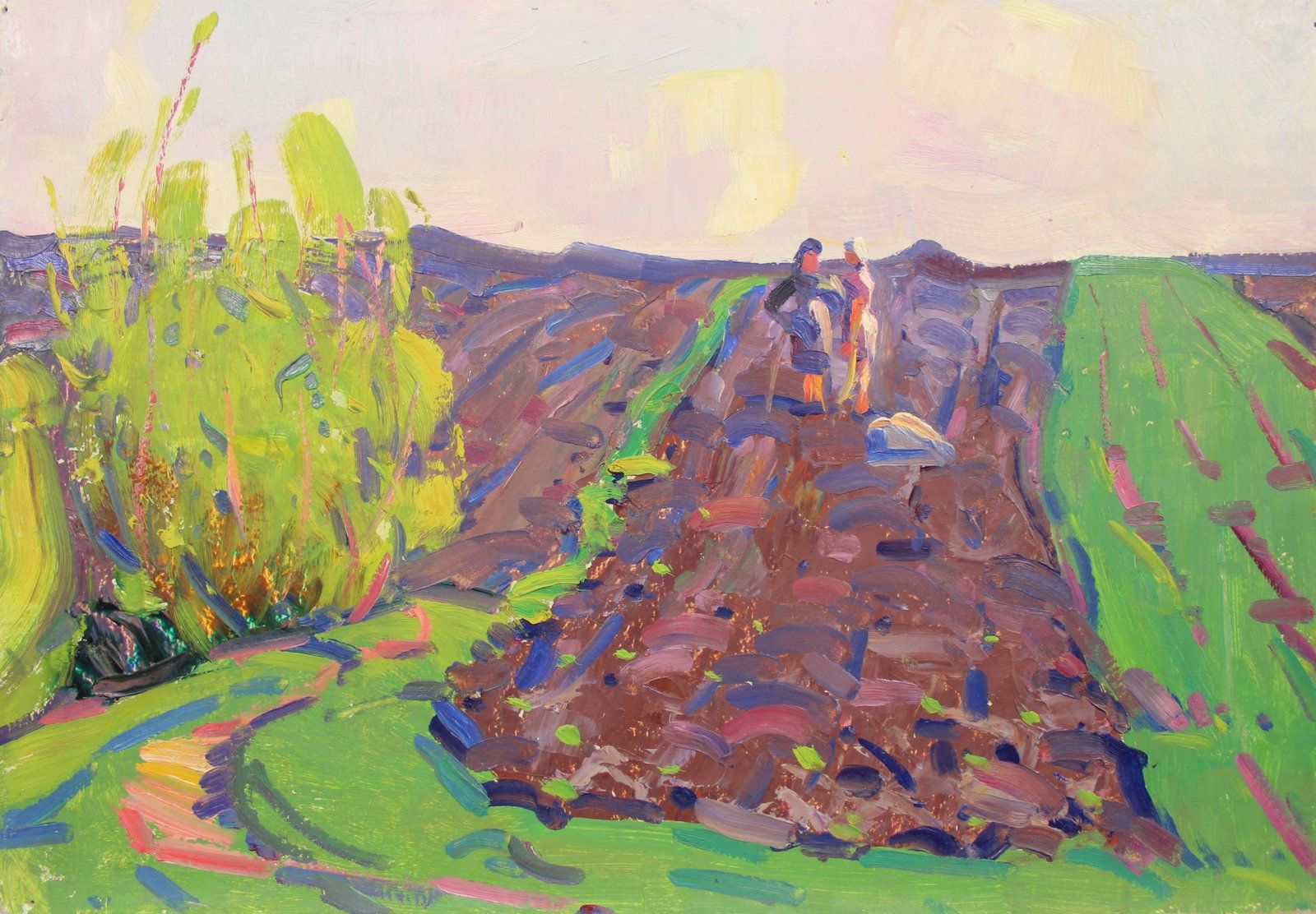 Tyukha Ivan (Ukrainian artist), "Gathering beet", oil on cardboard: ARTIST: Tyukha Ivan Andriyovich, Ukrainian artist TITLE: "Gathering beet" SIZE: 35 x 50 cm, (13 3/4 x 19 3/4 in.) MEDIUM: oil on cardboard YEAR OF CREATION: not dated CONDITION: The painting is in