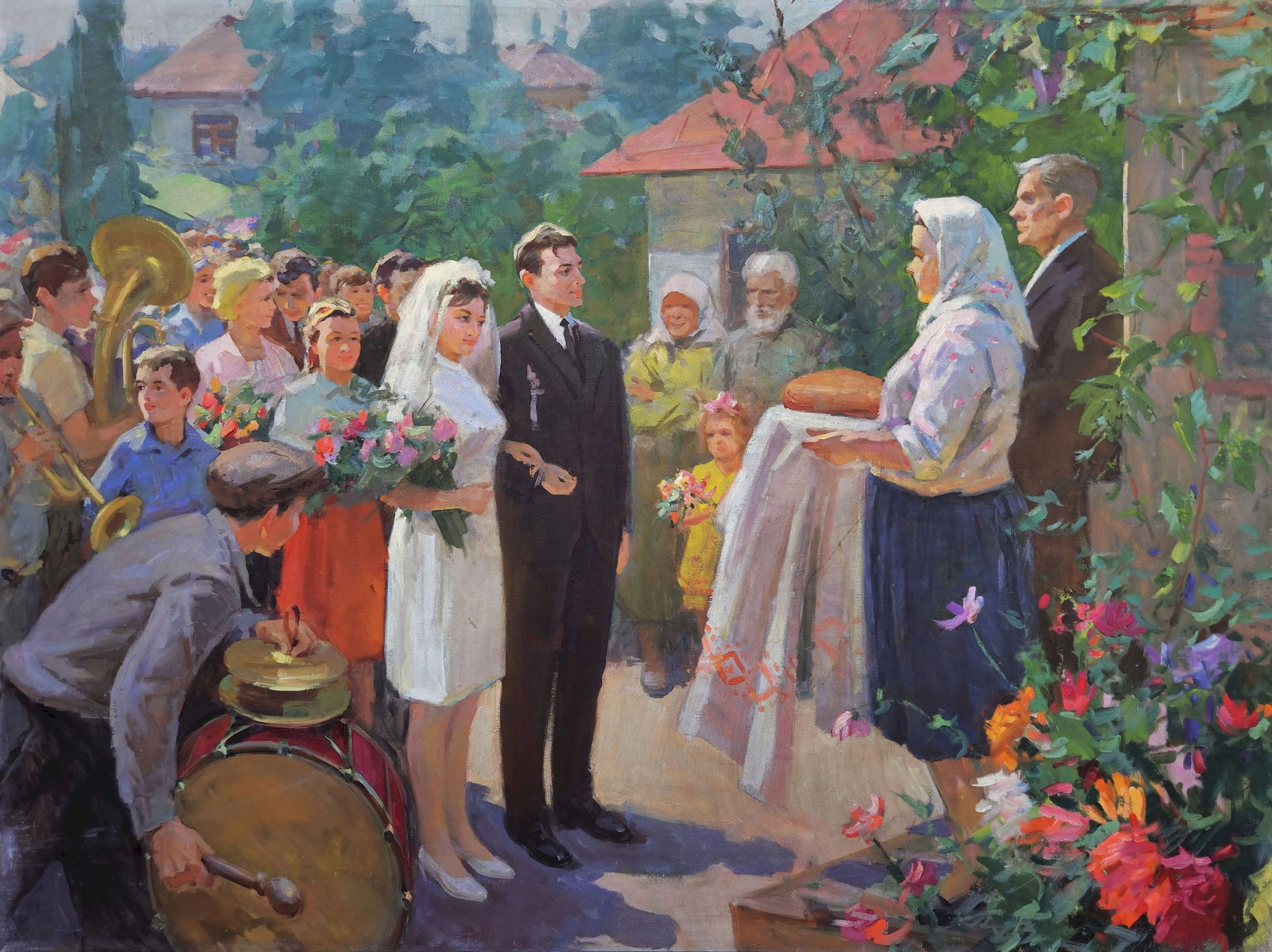 Unidentified (Ukrainian artist), "Wedding", oil on canvas: ARTIST: Unidentified Artist TITLE: "Wedding" SIZE: 119 x 158 cm, (46 3/4 x 62 1/4 in.) MEDIUM: oil on canvas YEAR OF CREATION: not dated CONDITION: The painting is in good vintage condition, as shown 