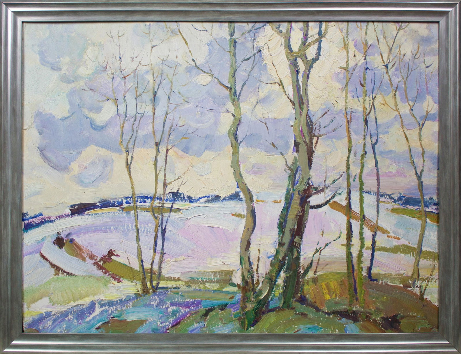 Sevastyanov Victor (Ukrainian artist), "Glare in the snow", oil on cardboard: ARTIST: Sevastyanov Victor Grigorovich, Ukrainian artist TITLE: "Glare in the snow" SIZE: 65 x 86 cm, (25 2/4 x 33 3/4 in.) MEDIUM: oil on cardboard YEAR OF CREATION: not dated CONDITION: The painting