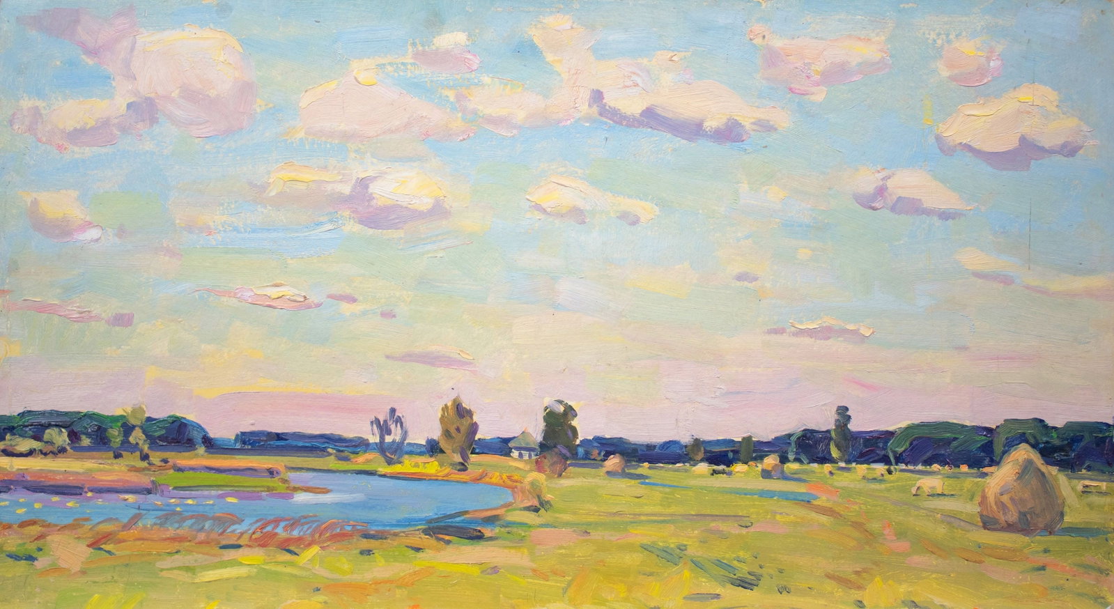 Tyukha Ivan (Ukrainian artist), "The sky above the haymaking (two-sided)", oil on cardboard: ARTIST: Tyukha Ivan Andriyovich, Ukrainian artist TITLE: "The sky above the haymaking (two-sided)" SIZE: 45 x 80 cm, (17 3/4 x 31 2/4 in.) MEDIUM: oil on cardboard YEAR OF CREATION: not dated