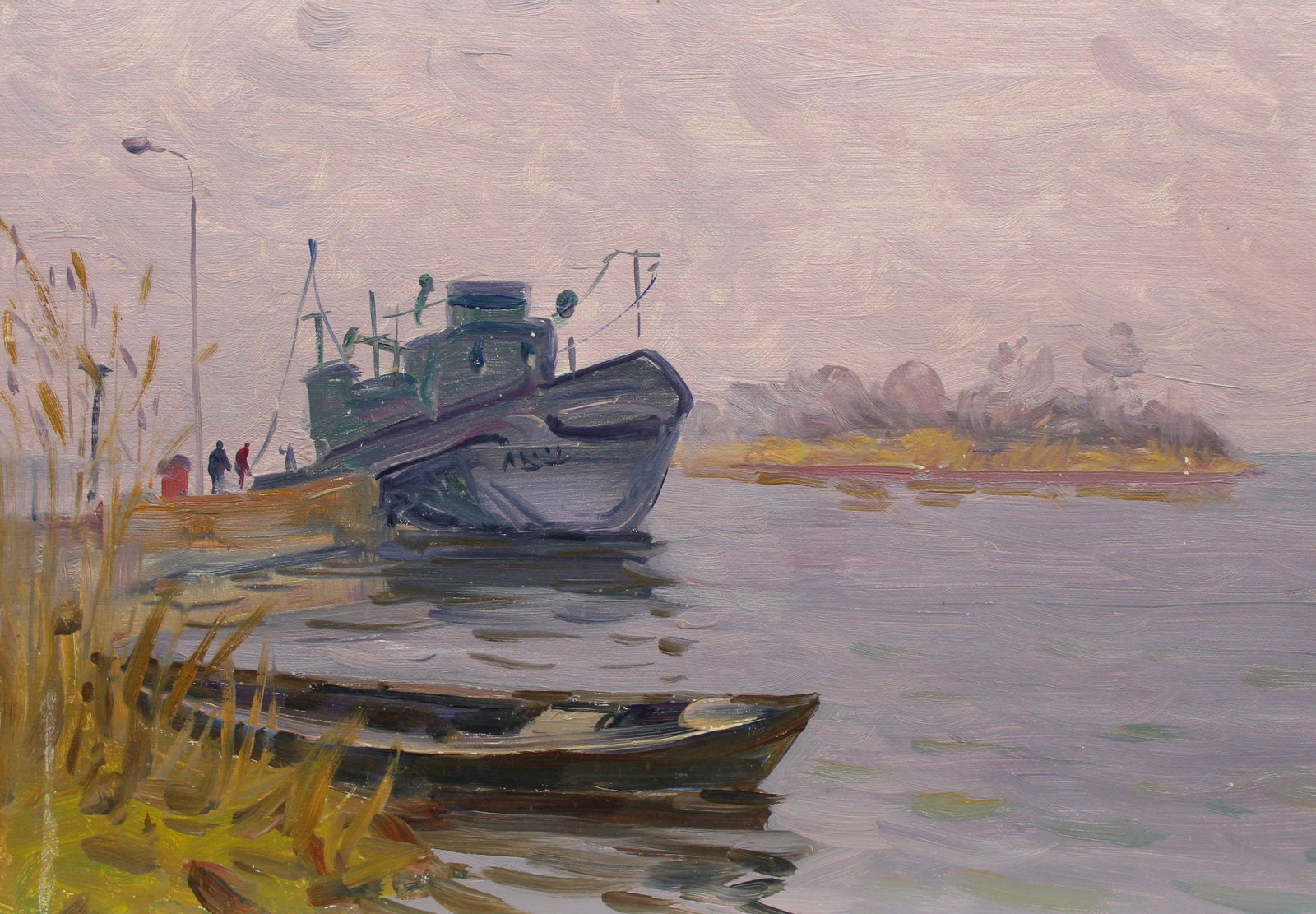 Tyukha Ivan (Ukrainian artist), "Longboat", oil on cardboard: ARTIST: Tyukha Ivan Andriyovich, Ukrainian artist TITLE: "Longboat" SIZE: 35 x 50 cm, (13 3/4 x 19 3/4 in.) MEDIUM: oil on cardboard YEAR OF CREATION: not dated CONDITION: The painting is in good
