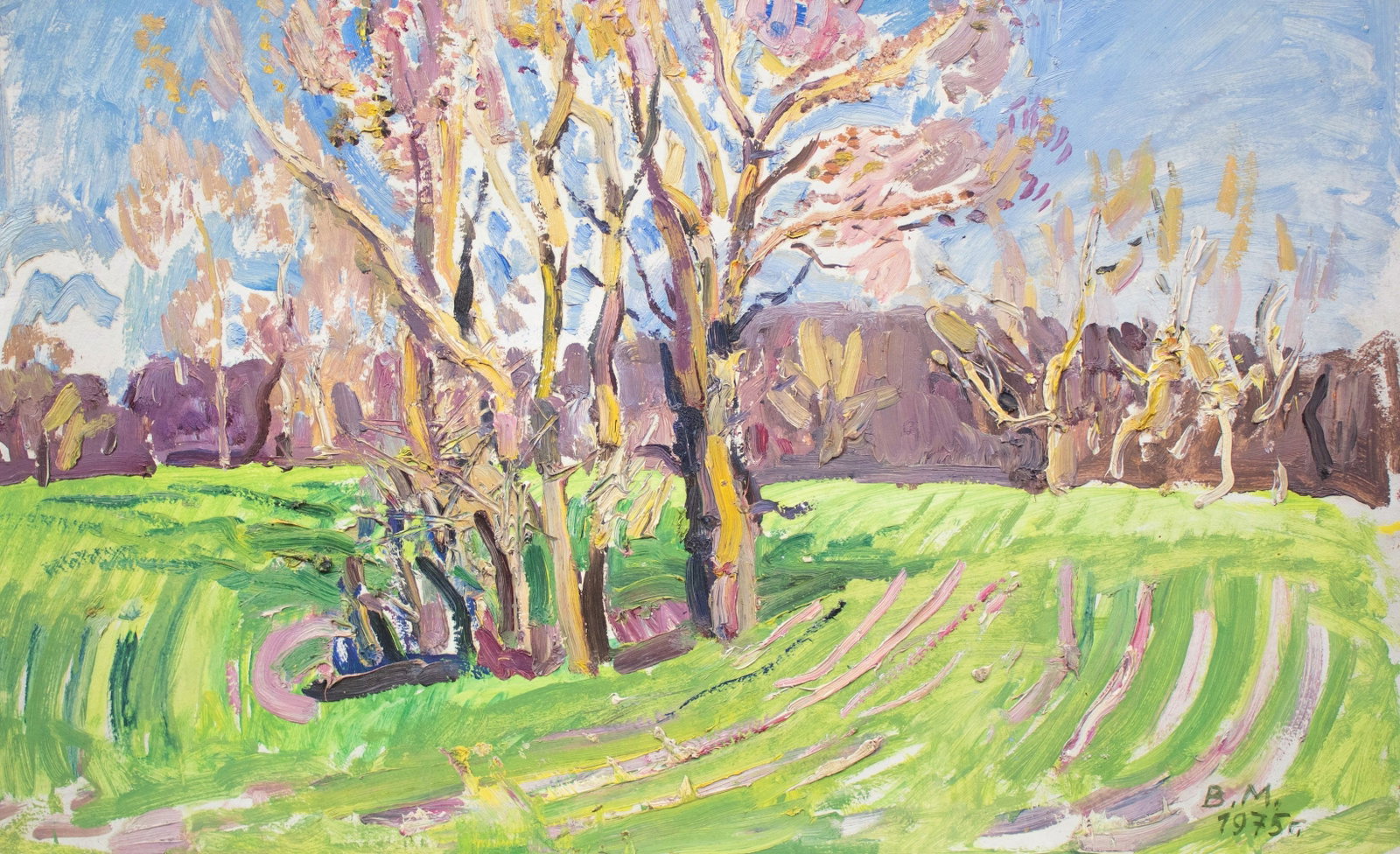 Makatukha Vasyl (Ukrainian artist), "Lonely trees", oil on cardboard: ARTIST: Makatukha Vasyl Ivanovich, Ukrainian artist TITLE: "Lonely trees" SIZE: 50 x 80 cm, (19 3/4 x 31 2/4 in.) MEDIUM: oil on cardboard YEAR OF CREATION: 1975 CONDITION: The painting is in good