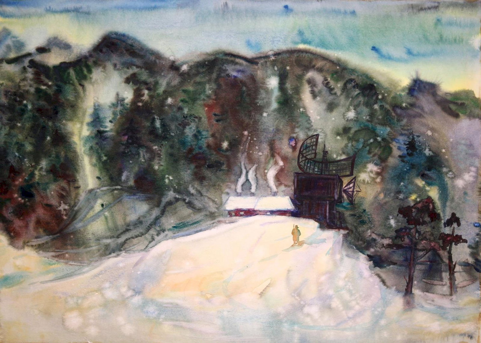 Kirilkov Valentin (Ukrainian artist), "Winter watch", watercolor on paper: ARTIST: Kirilkov Valentin Feodosievich, Ukrainian artist TITLE: "Winter watch" SIZE: 61 x 85 cm, (24 x 33 2/4 in.) MEDIUM: watercolor on paper YEAR OF CREATION: not dated CONDITION: The painting is