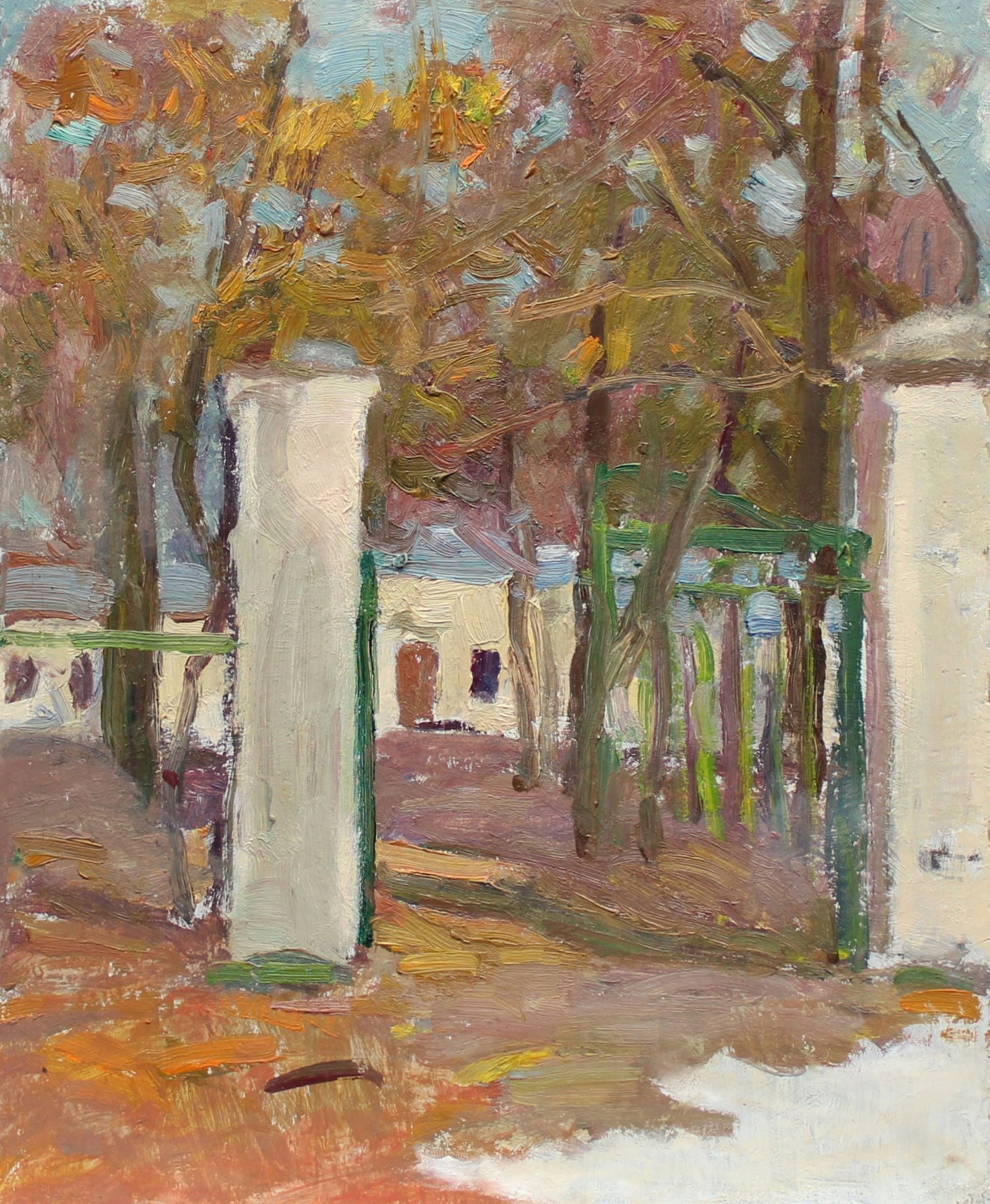 Luchenko Evgen (Ukrainian artist), "Sketch. Garden gate", oil on wood: ARTIST: Luchenko Evgen Dmitrovich, Ukrainian artist TITLE: "Sketch. Garden gate" SIZE: 37 x 30 cm, (14 2/4 x 11 3/4 in.) MEDIUM: oil on wood YEAR OF CREATION: not dated CONDITION: The painting is in g