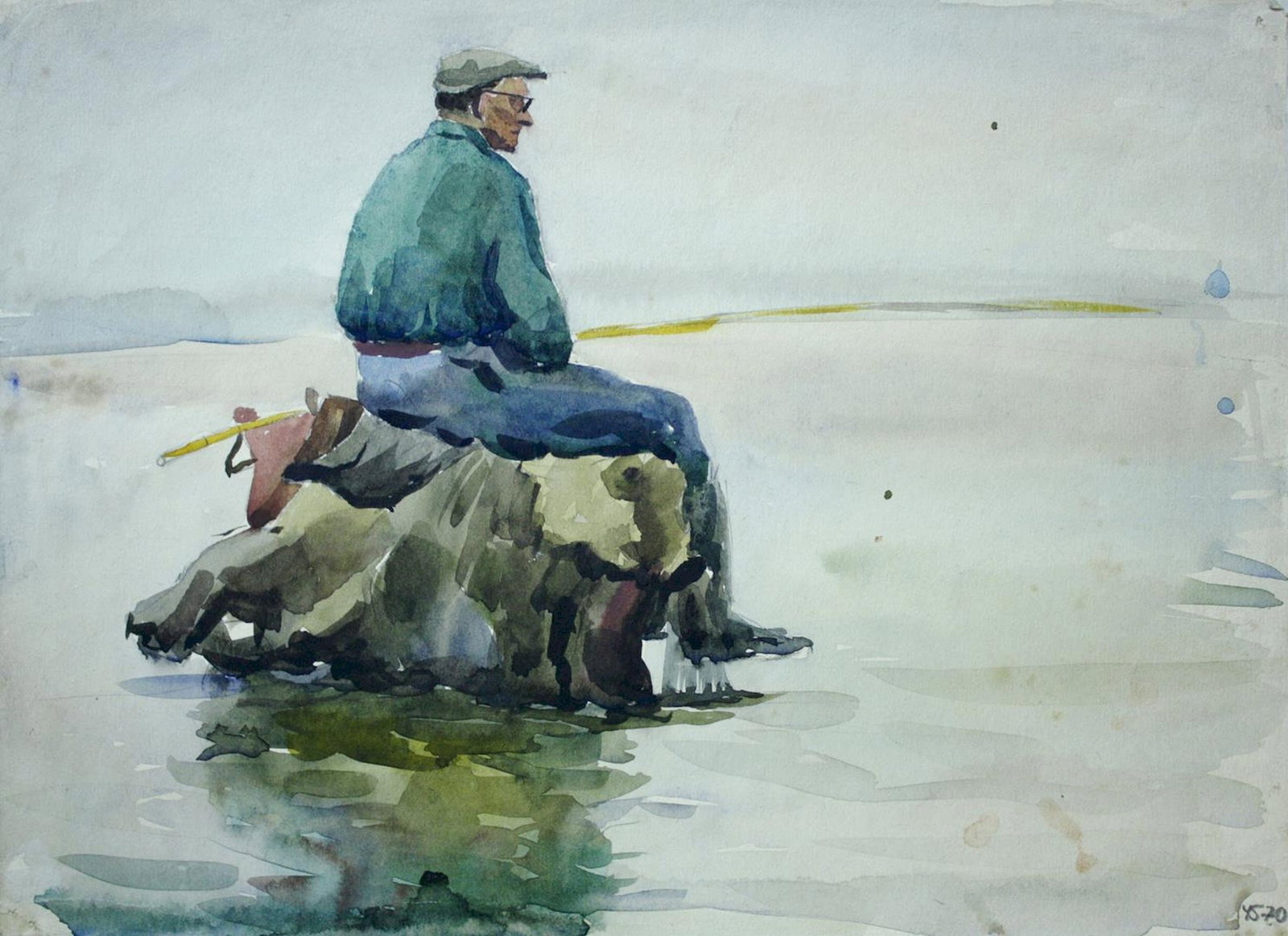 Mynka Olexandr (Ukrainian artist), "Fisherman", watercolor on paper: ARTIST: Mynka Olexandr Fedorovich, Ukrainian artist TITLE: "Fisherman" SIZE: 21 x 29 cm, (8 1/4 x 11 2/4 in.) MEDIUM: watercolor on paper YEAR OF CREATION: not dated CONDITION: The painting is in