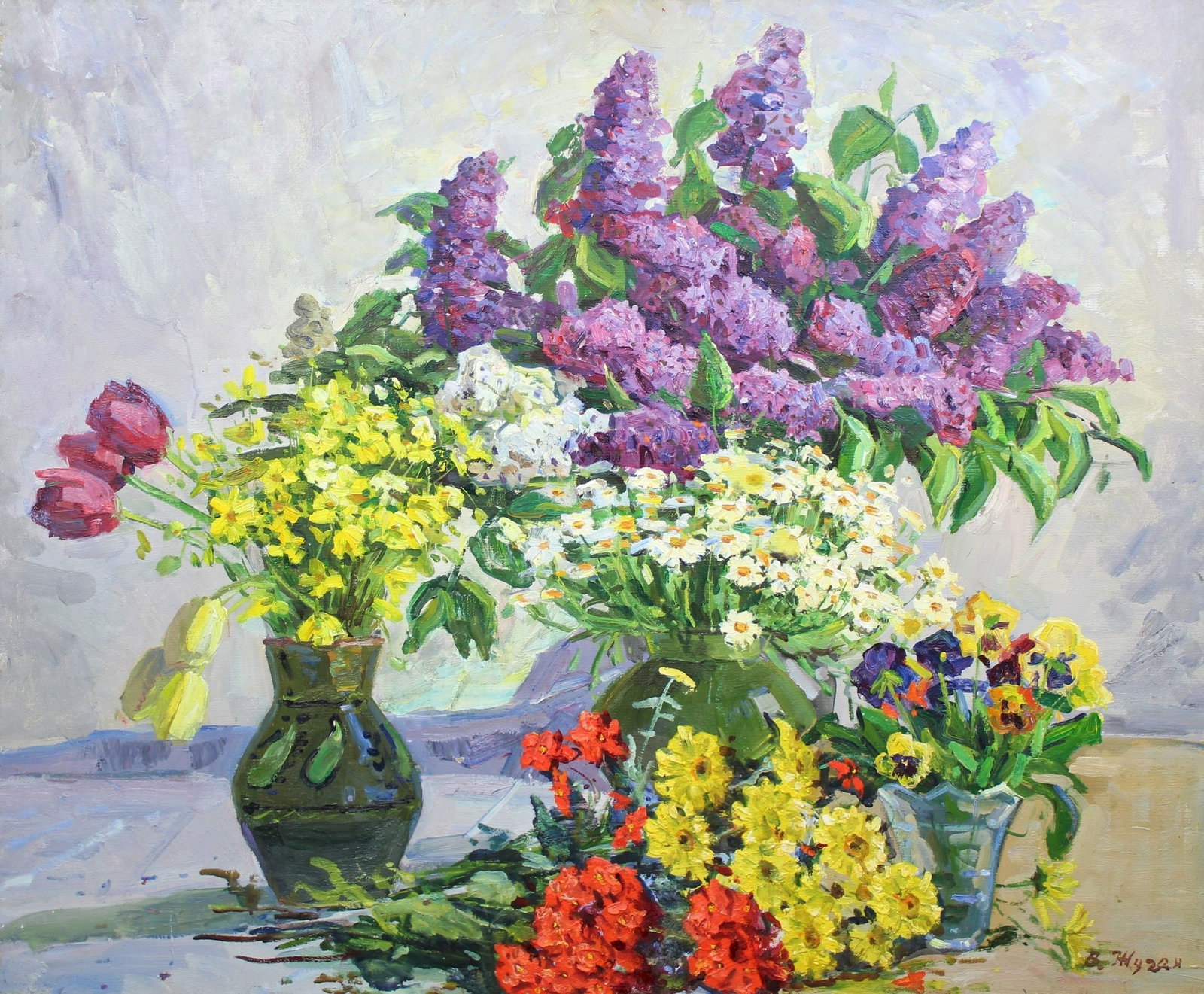 Zhugan Volodymyr (Ukrainian artist), "Spring flowers", oil on canvas: ARTIST: Zhugan Volodymyr Oleksandrovych, Ukrainian artist TITLE: "Spring flowers" SIZE: 101 x 120 cm, (39 3/4 x 47 1/4 in.) MEDIUM: oil on canvas YEAR OF CREATION: 1976 CONDITION: The painting is in g