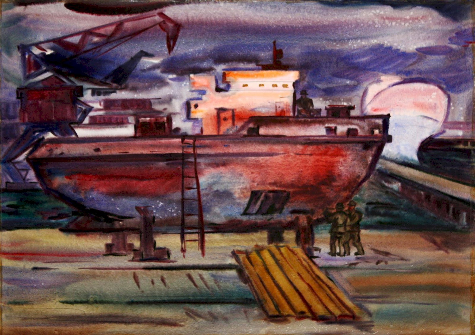Kirilkov Valentin (Ukrainian artist), "Repairing boats", watercolor on paper: ARTIST: Kirilkov Valentin Feodosievich, Ukrainian artist TITLE: "Repairing boats" SIZE: 59 x 83 cm, (23 1/4 x 32 3/4 in.) MEDIUM: watercolor on paper YEAR OF CREATION: not dated CONDITION: The