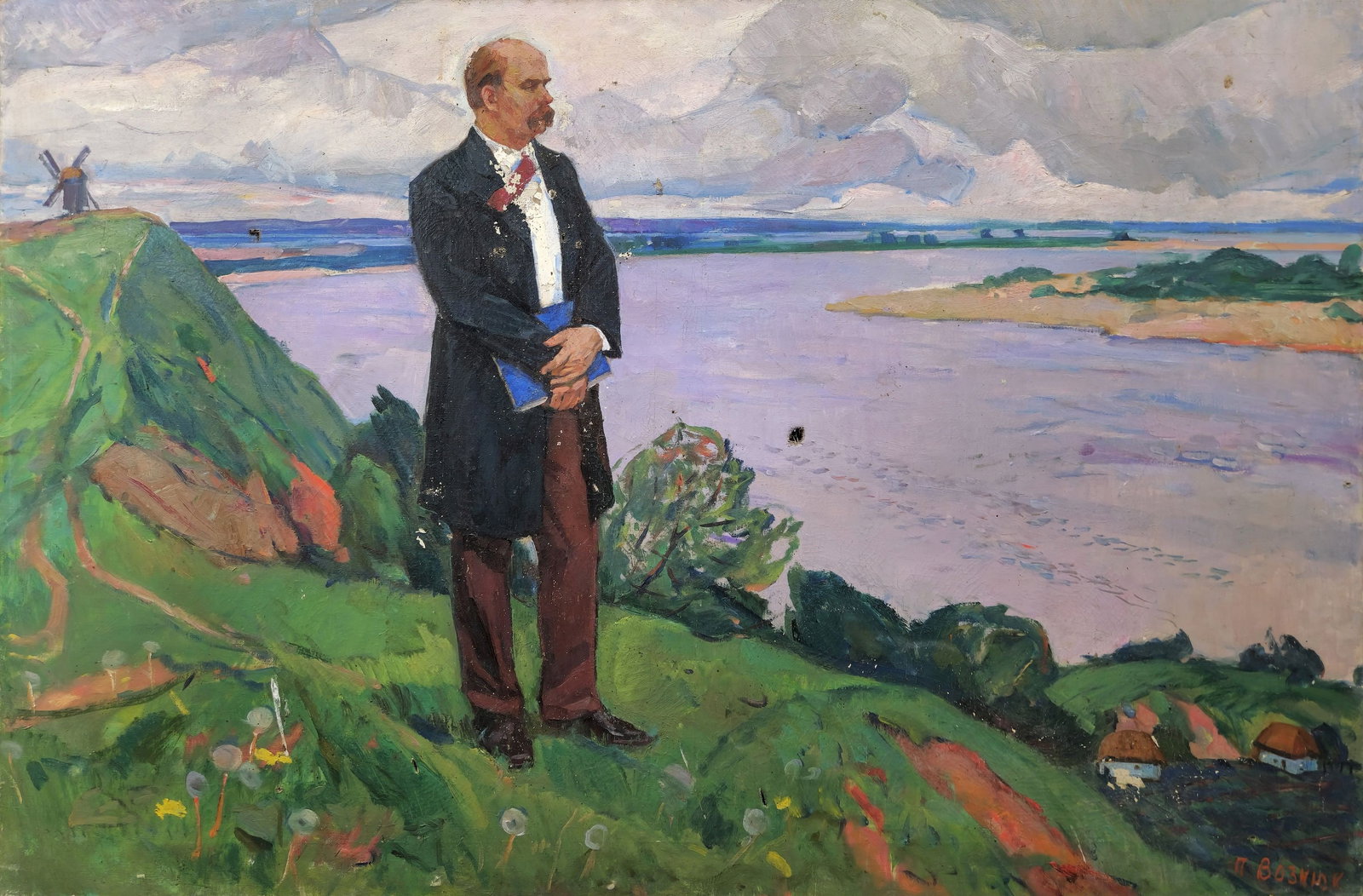 Voznyuk Petro (Ukrainian artist), "Shevchenko over the Dnieper river", oil on canvas: ARTIST: Voznyuk Petro Stepanovych, Ukrainian artist TITLE: "Shevchenko over the Dnieper river" SIZE: 99 x 150 cm, (39 x 59 in.) MEDIUM: oil on canvas YEAR OF CREATION: 1970 CONDITION: The painting is 