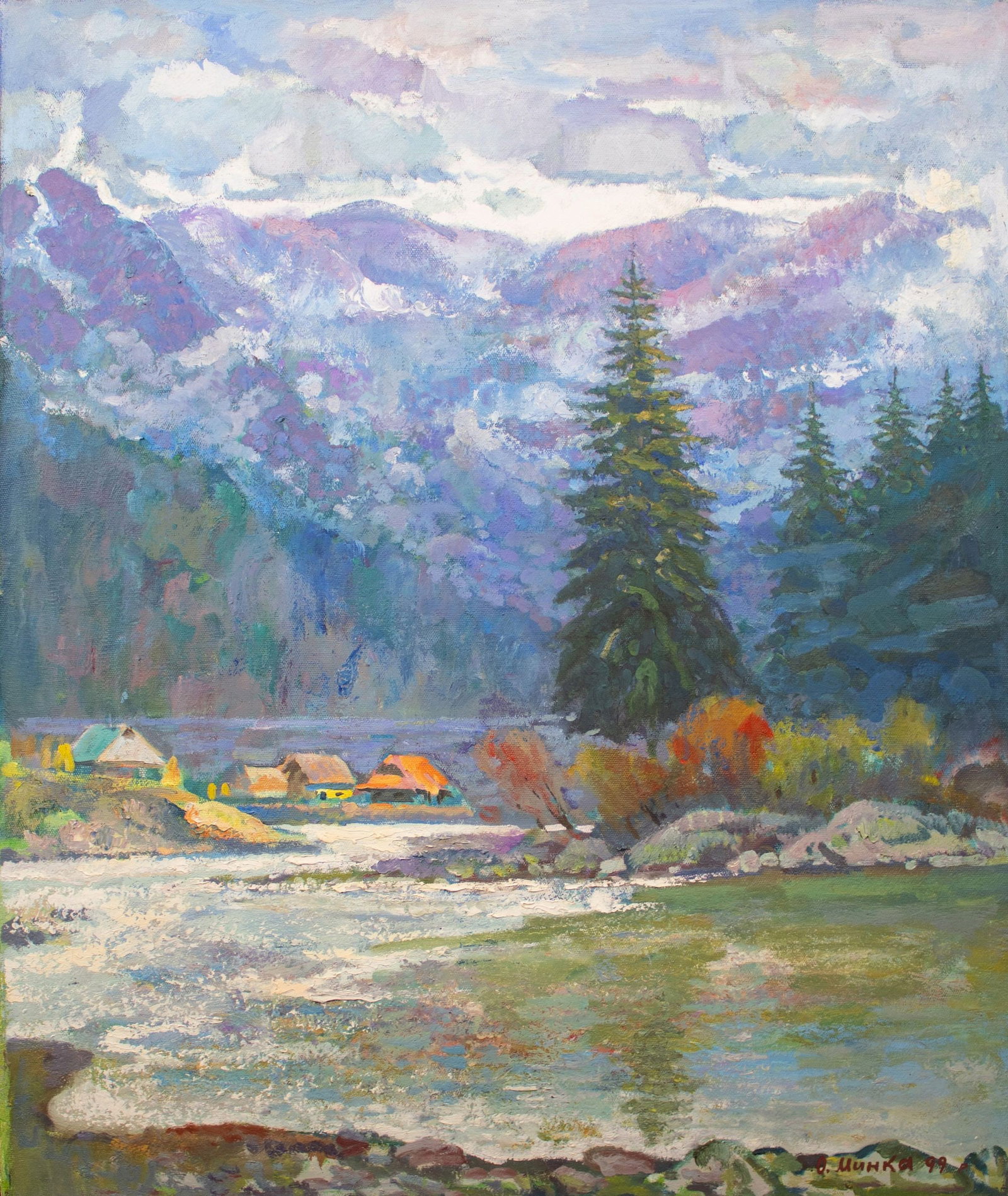 Mynka Olexandr (Ukrainian artist), "Morning in the ?arpathians", oil on canvas: ARTIST: Mynka Olexandr Fedorovich, Ukrainian artist TITLE: "Morning in the ?arpathians" SIZE: 110 x 90 cm, (43 1/4 x 35 2/4 in.) MEDIUM: oil on canvas YEAR OF CREATION: 1999 CONDITION: The painting is
