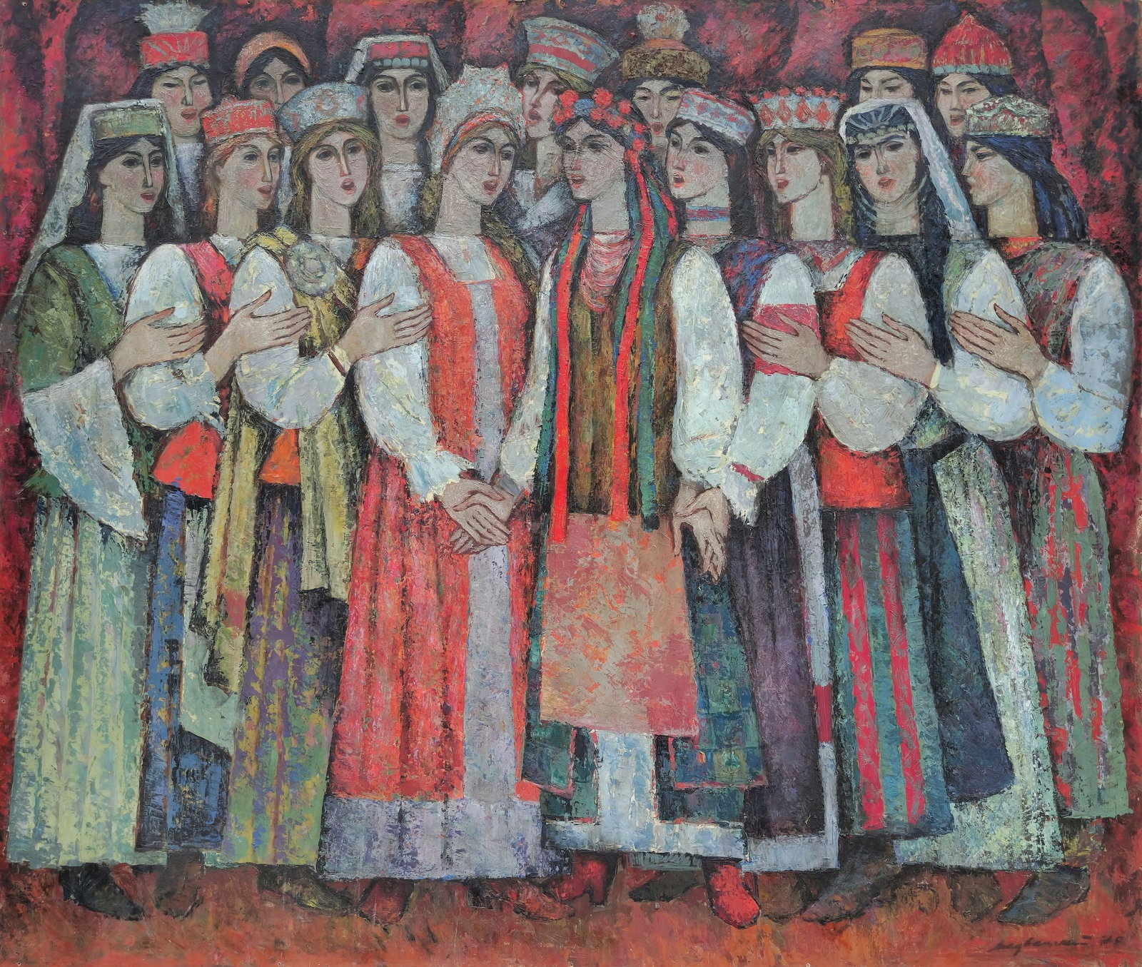 Medvetsky Mykola (Ukrainian artist), "Song of friendship", tempera on cardboard: ARTIST: Medvetsky Mykola Viktorovich, Ukrainian artist TITLE: "Song of friendship" SIZE: 110 x 130 cm, (43 1/4 x 51 1/4 in.) MEDIUM: tempera on cardboard YEAR OF CREATION: 1979 CONDITION: The painting