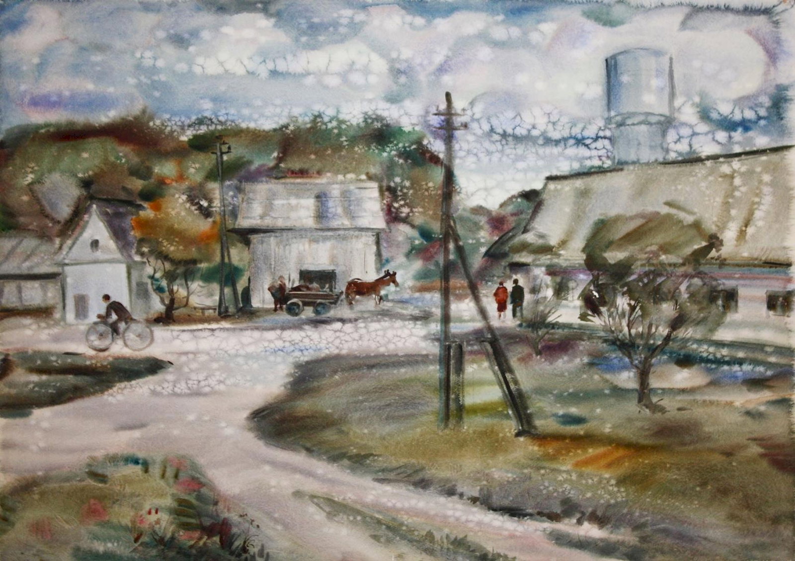 Kirilkov Valentin (Ukrainian artist), "Village street", watercolor on paper: ARTIST: Kirilkov Valentin Feodosievich, Ukrainian artist TITLE: "Village street" SIZE: 59 x 83 cm, (23 1/4 x 32 3/4 in.) MEDIUM: watercolor on paper YEAR OF CREATION: not dated CONDITION: The