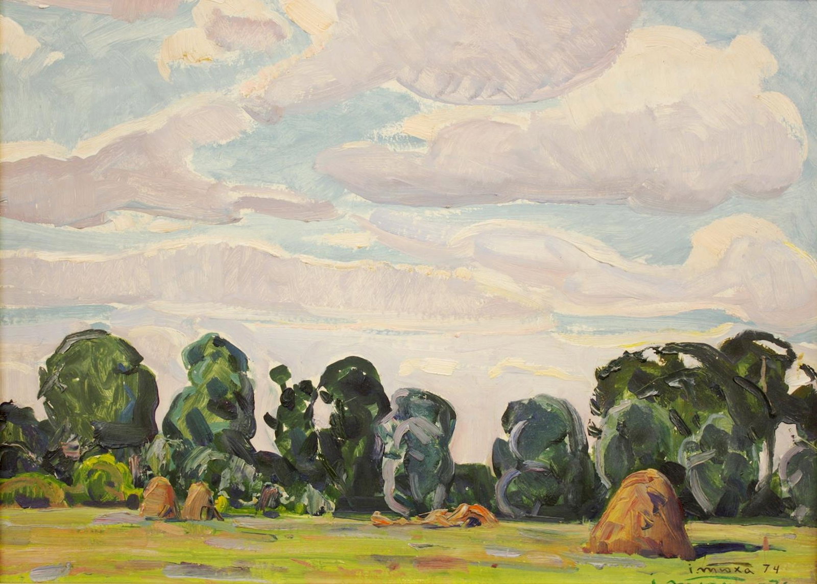 Tyukha Ivan (Ukrainian artist), "On the field", oil on cardboard: ARTIST: Tyukha Ivan Andriyovich, Ukrainian artist TITLE: "On the field" SIZE: 47 x 65 cm, (18 2/4 x 25 2/4 in.) MEDIUM: oil on cardboard YEAR OF CREATION: 1974 CONDITION: The painting is in good vinta
