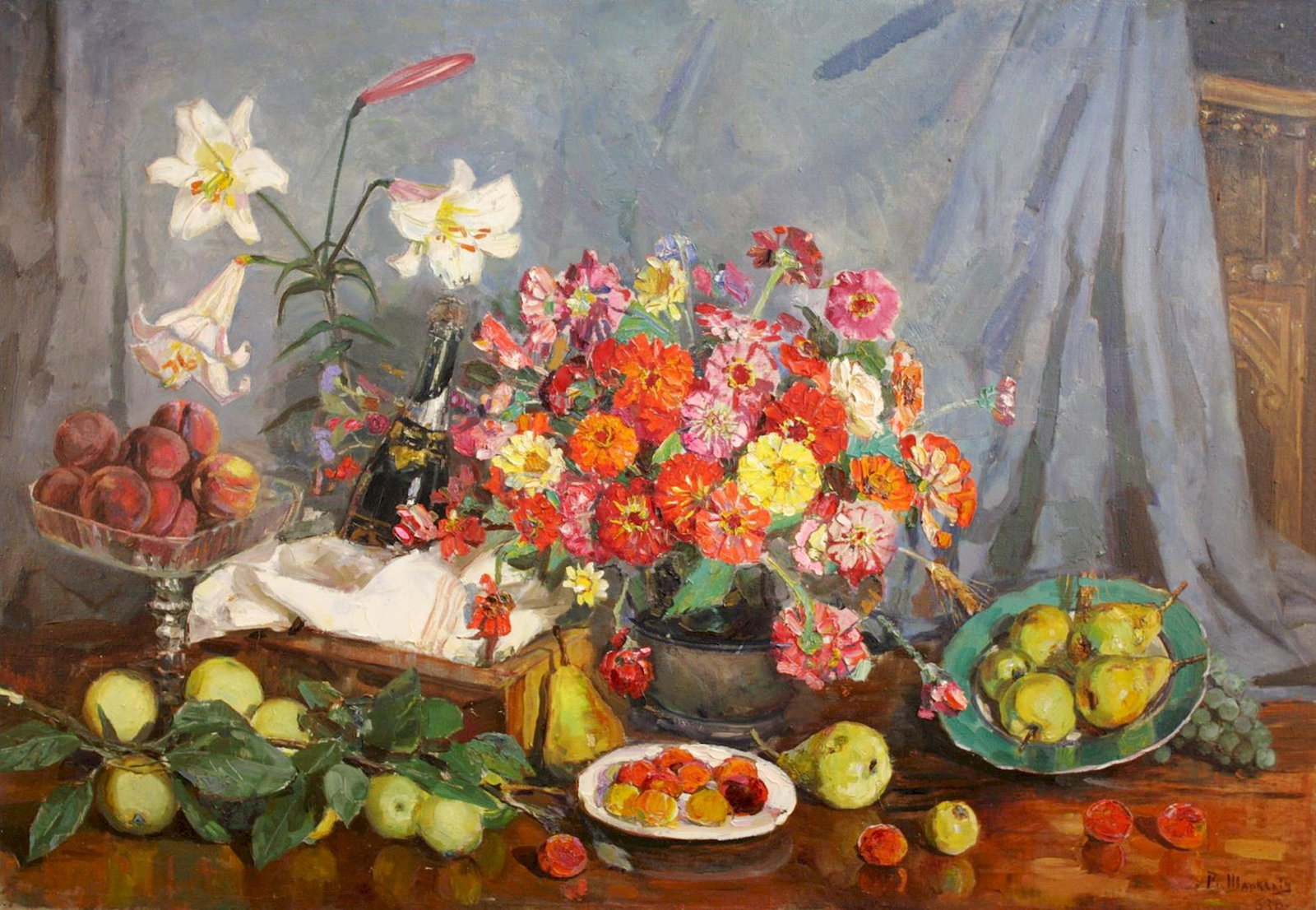 Sharkevich Vsevolod (Ukrainian artist), "Still life, apples, pears, flowers", oil on canvas: ARTIST: Sharkevich Vsevolod Danilovich, Ukrainian artist TITLE: "Still life, apples, pears, flowers" SIZE: 90 x 130 cm, (35 2/4 x 51 1/4 in.) MEDIUM: oil on canvas YEAR OF CREATION: 1963 CONDITION: Th