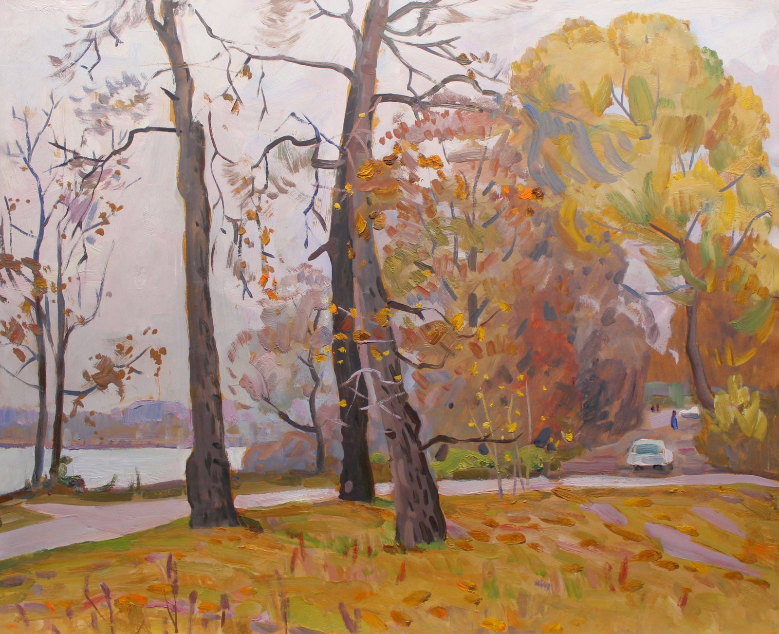 Tyukha Ivan (Ukrainian artist), "Autumn in the park", oil on cardboard: ARTIST: Tyukha Ivan Andriyovich, Ukrainian artist TITLE: "Autumn in the park" SIZE: 50 x 60 cm, (19 3/4 x 23 2/4 in.) MEDIUM: oil on cardboard YEAR OF CREATION: not dated CONDITION: The painting is