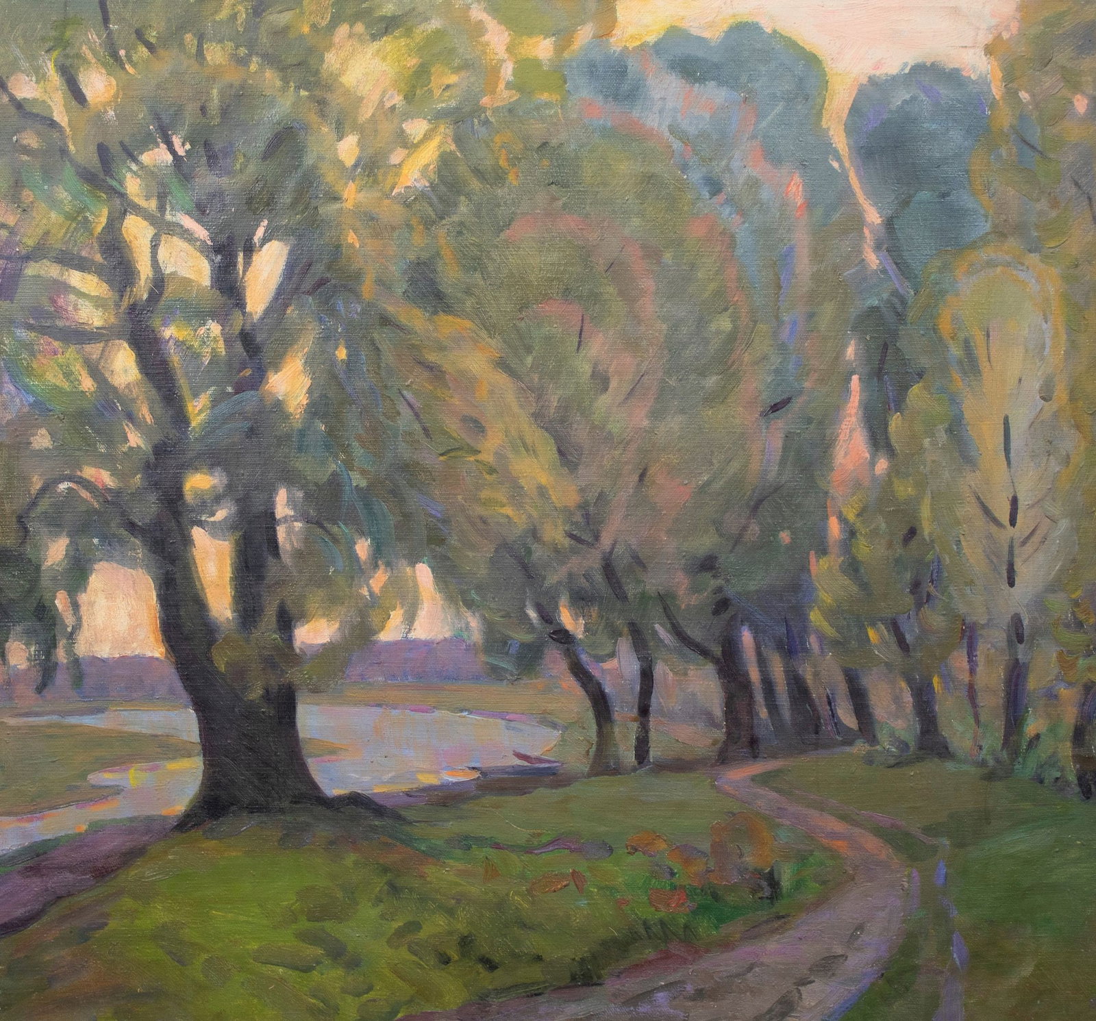 Tyukha Ivan (Ukrainian artist), "The sun goes down", oil on canvas: ARTIST: Tyukha Ivan Andriyovich, Ukrainian artist TITLE: "The sun goes down" SIZE: 75 x 80 cm, (29 2/4 x 31 2/4 in.) MEDIUM: oil on canvas YEAR OF CREATION: not dated CONDITION: The painting is in goo