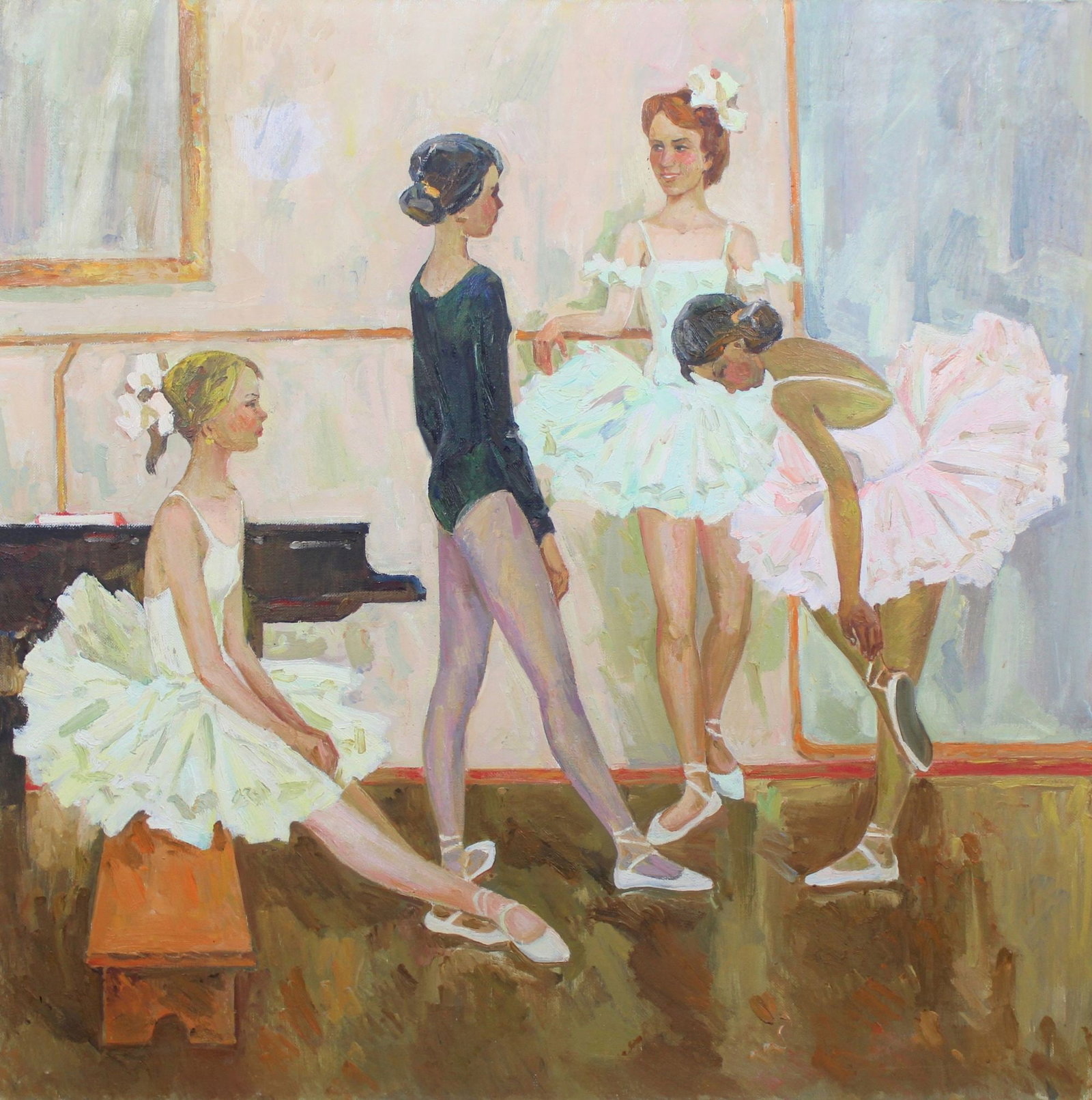 Fomenok Stanislav (Ukrainian artist), "Ballet", oil on canvas: ARTIST: Fomenok Stanislav Fedorovich, Ukrainian artist TITLE: "Ballet" SIZE: 100 x 100 cm, (39 1/4 x 39 1/4 in.) MEDIUM: oil on canvas YEAR OF CREATION: 1984 CONDITION: The painting is in good