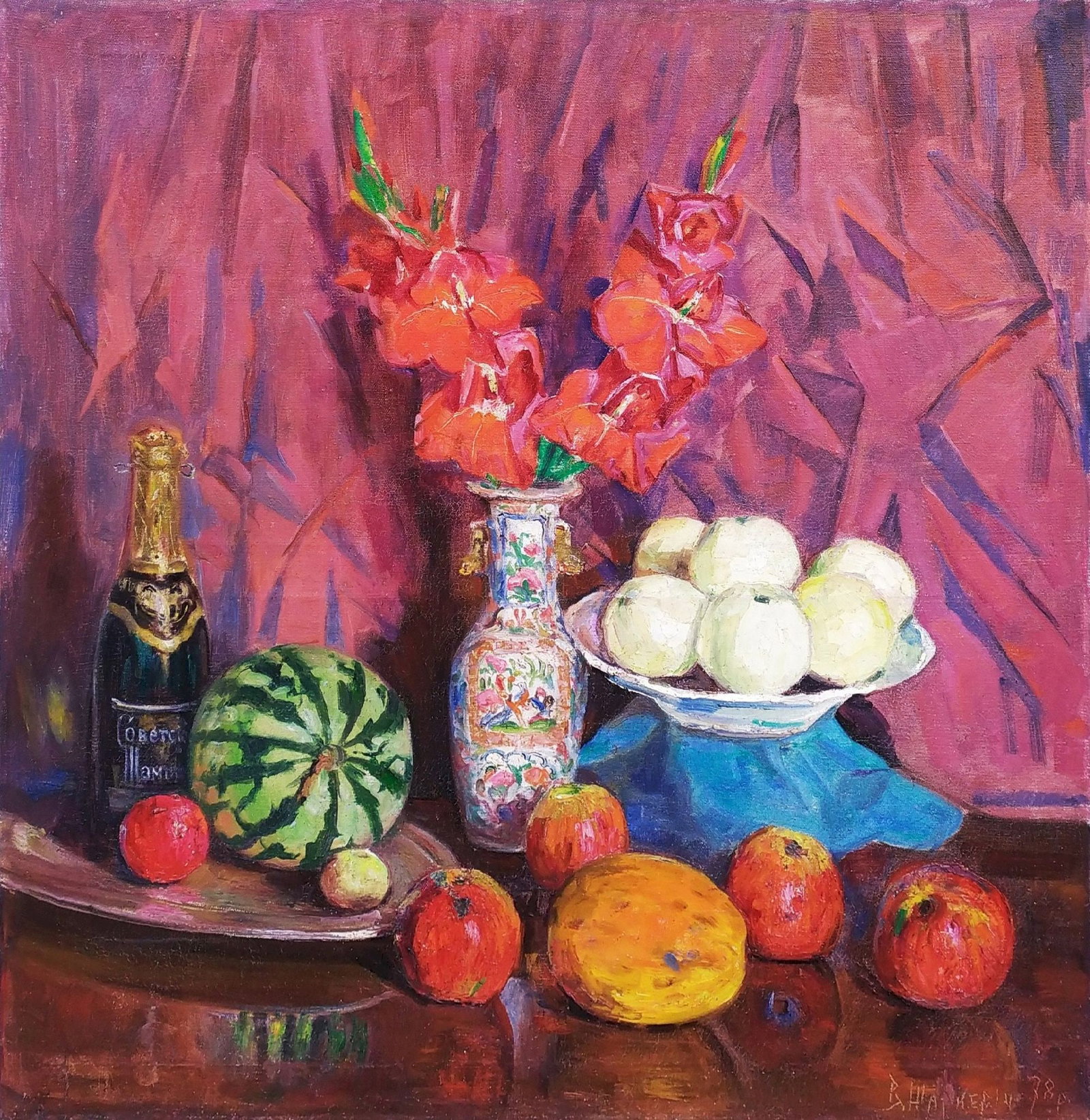Sharkevich Vsevolod (Ukrainian artist), "Still life", oil on canvas: ARTIST: Sharkevich Vsevolod Danilovich, Ukrainian artist TITLE: "Still life" SIZE: 89 x 87 cm, (35 x 34 1/4 in.) MEDIUM: oil on canvas YEAR OF CREATION: 1978 CONDITION: The painting is in good vintage