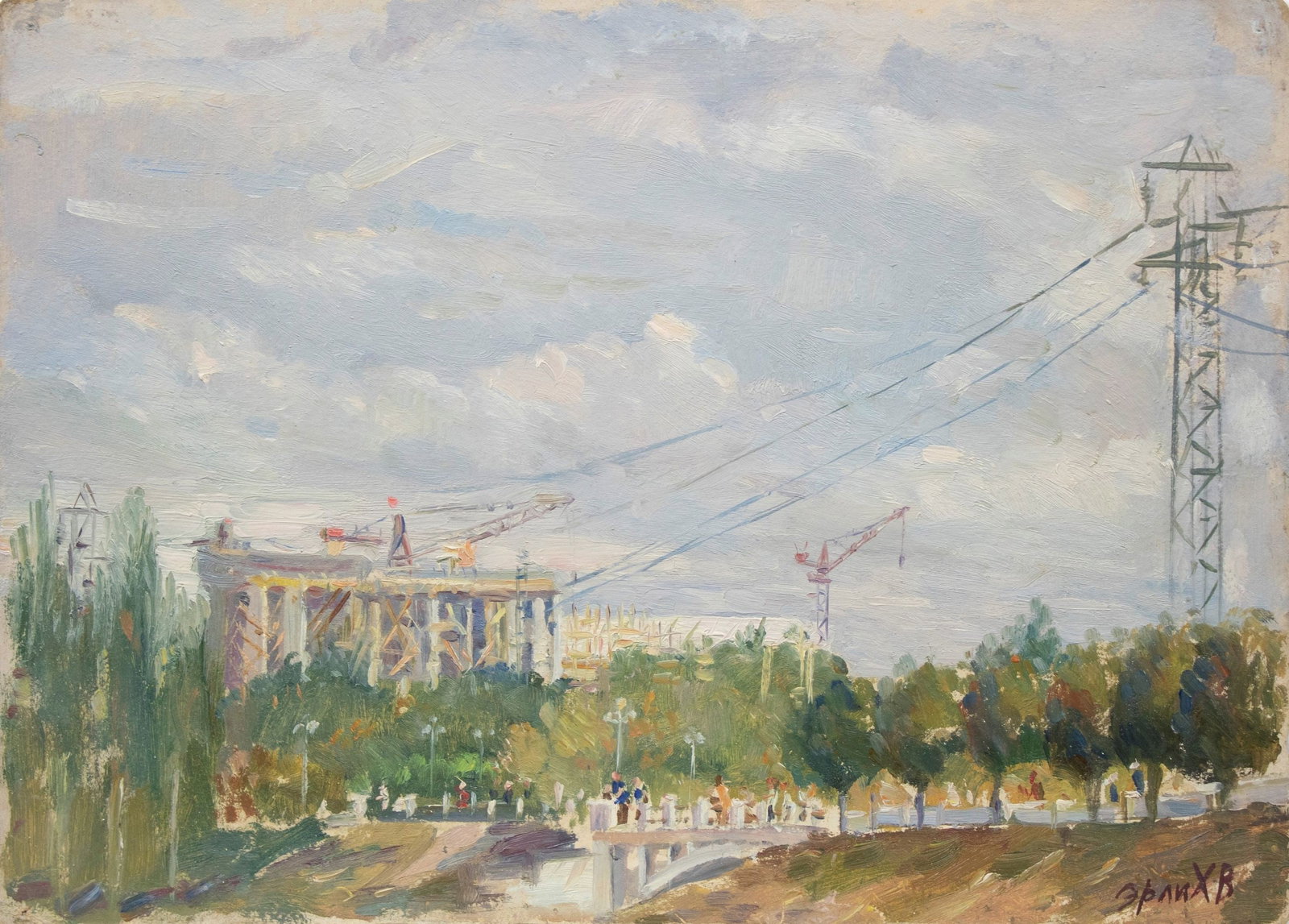 Erlih Volodymyr (Ukrainian artist), "View of the new street", oil on cardboard: ARTIST: Erlih Volodymyr Isaakovich, Ukrainian artist TITLE: "View of the new street" SIZE: 25 x 35 cm, (9 3/4 x 13 3/4 in.) MEDIUM: oil on cardboard YEAR OF CREATION: not dated CONDITION: The painting