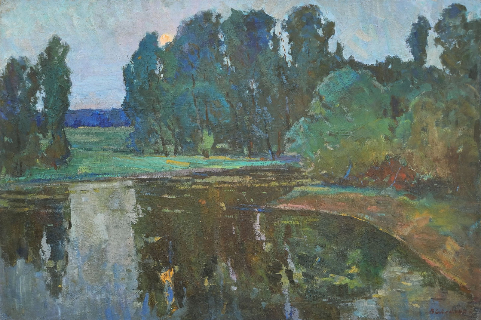 Sevastyanov Victor (Ukrainian artist), "Sunset. Lake", oil on canvas: ARTIST: Sevastyanov Victor Grigorovich, Ukrainian artist TITLE: "Sunset. Lake" SIZE: 100 x 150 cm, (39 1/4 x 59 in.) MEDIUM: oil on canvas YEAR OF CREATION: not dated CONDITION: The painting is in goo