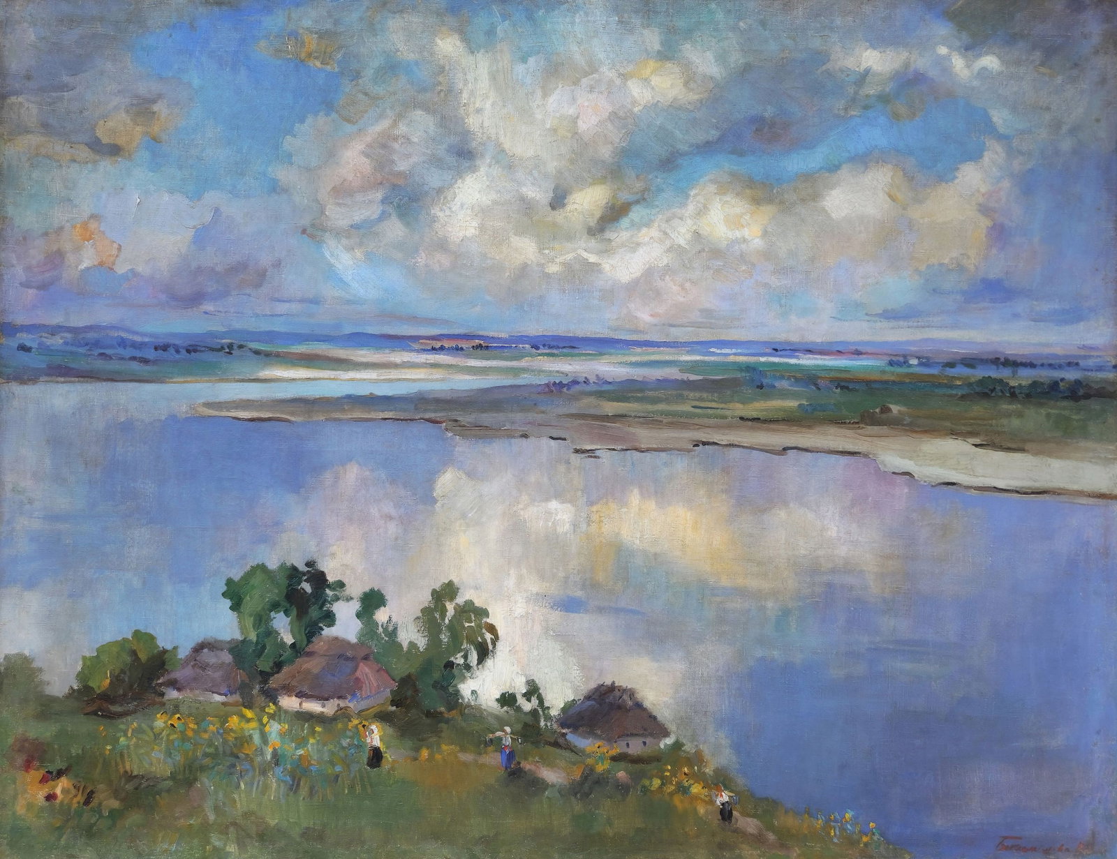 Beklemisheva Iryna (Ukrainian artist), "A village on the riverbank", oil on canvas: ARTIST: Beklemisheva Iryna Mykhaylivna, Ukrainian artist TITLE: "A village on the riverbank" SIZE: 108 x 140 cm, (42 2/4 x 55 in.) MEDIUM: oil on canvas YEAR OF CREATION: not dated CONDITION: The pain