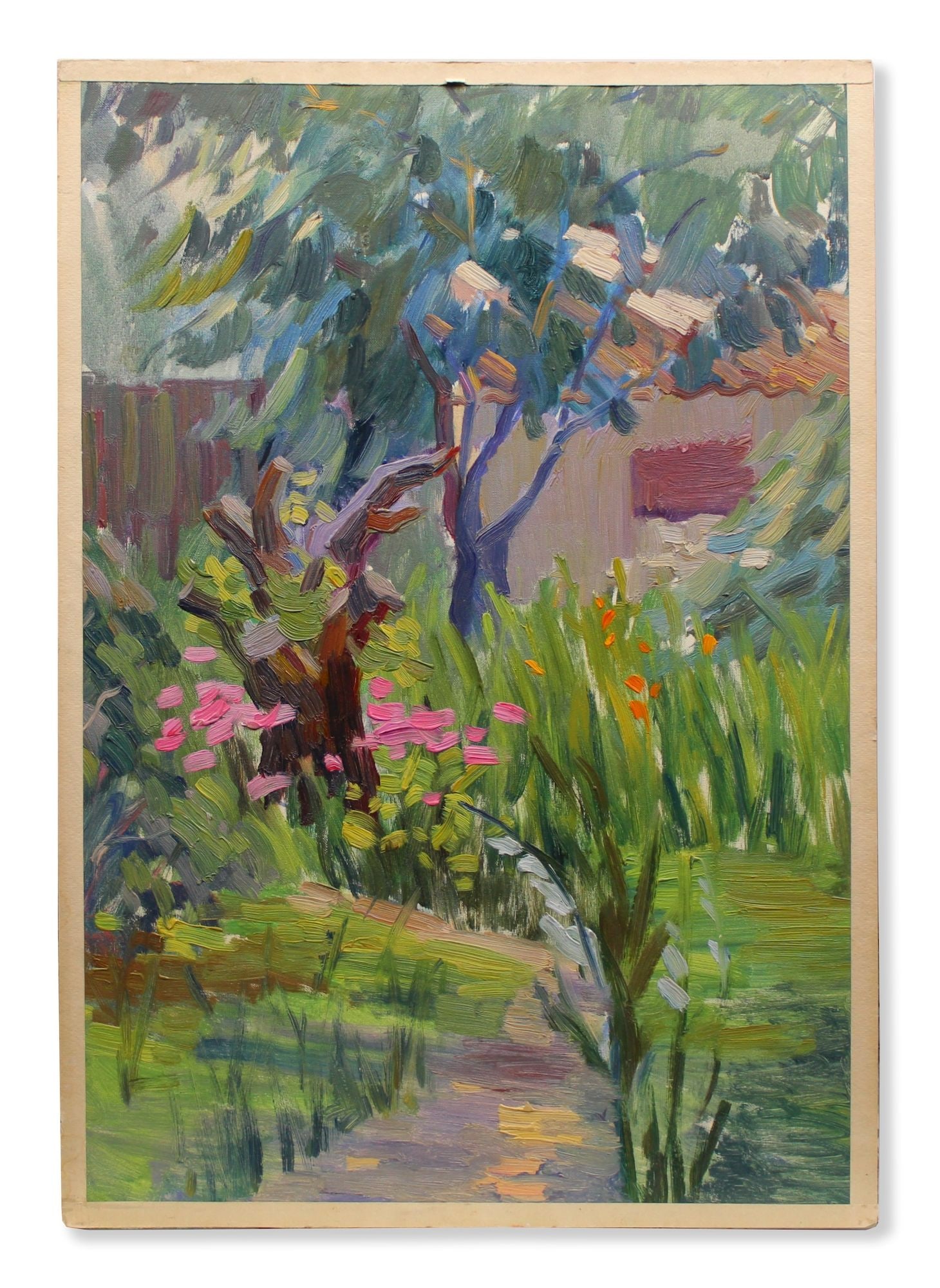 Bondarenko Petro (Ukrainian artist), "Blooming garden", oil on cardboard: ARTIST: Bondarenko Petro Kuzmich, Ukrainian artist TITLE: "Blooming garden" SIZE: 48 x 34 cm, (19 x 13 2/4 in.) MEDIUM: oil on cardboard YEAR OF CREATION: 1960 CONDITION: The painting is in good