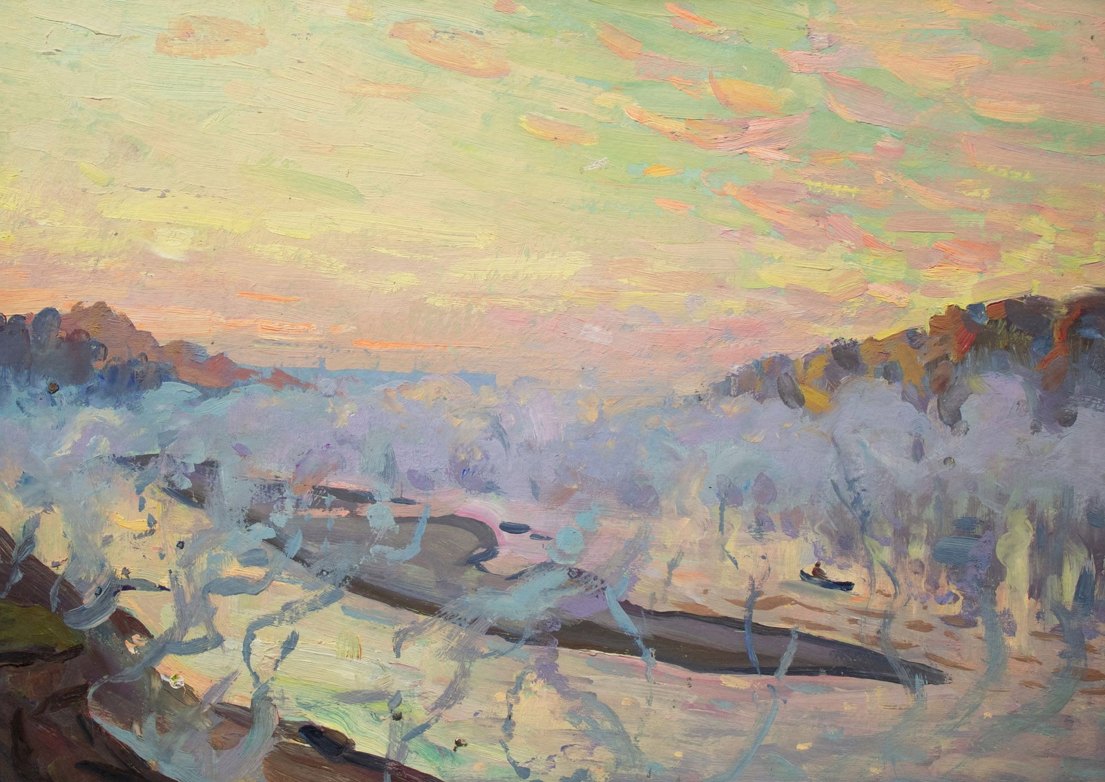 Tyukha Ivan (Ukrainian artist), "Fog over the river", oil on cardboard: ARTIST: Tyukha Ivan Andriyovich, Ukrainian artist TITLE: "Fog over the river" SIZE: 50 x 70 cm, (19 3/4 x 27 2/4 in.) MEDIUM: oil on cardboard YEAR OF CREATION: not dated CONDITION: The painting is in