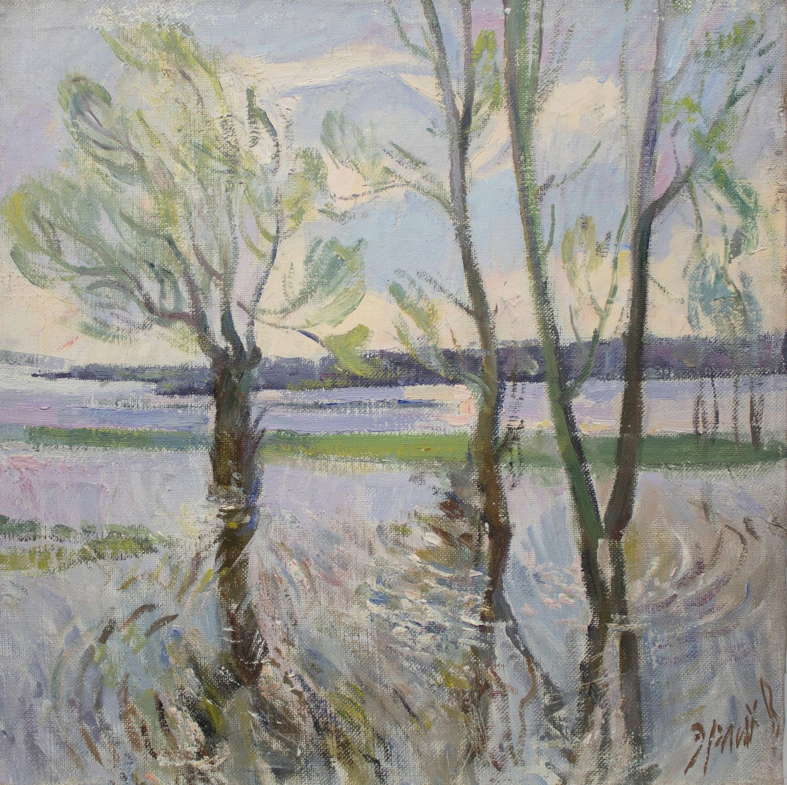 Erlih Volodymyr (Ukrainian artist), "Empty water", oil on canvas: ARTIST: Erlih Volodymyr Isaakovich, Ukrainian artist TITLE: "Empty water" SIZE: 51 x 51 cm, (20 x 20 in.) MEDIUM: oil on canvas YEAR OF CREATION: not dated CONDITION: The painting is in good vintage