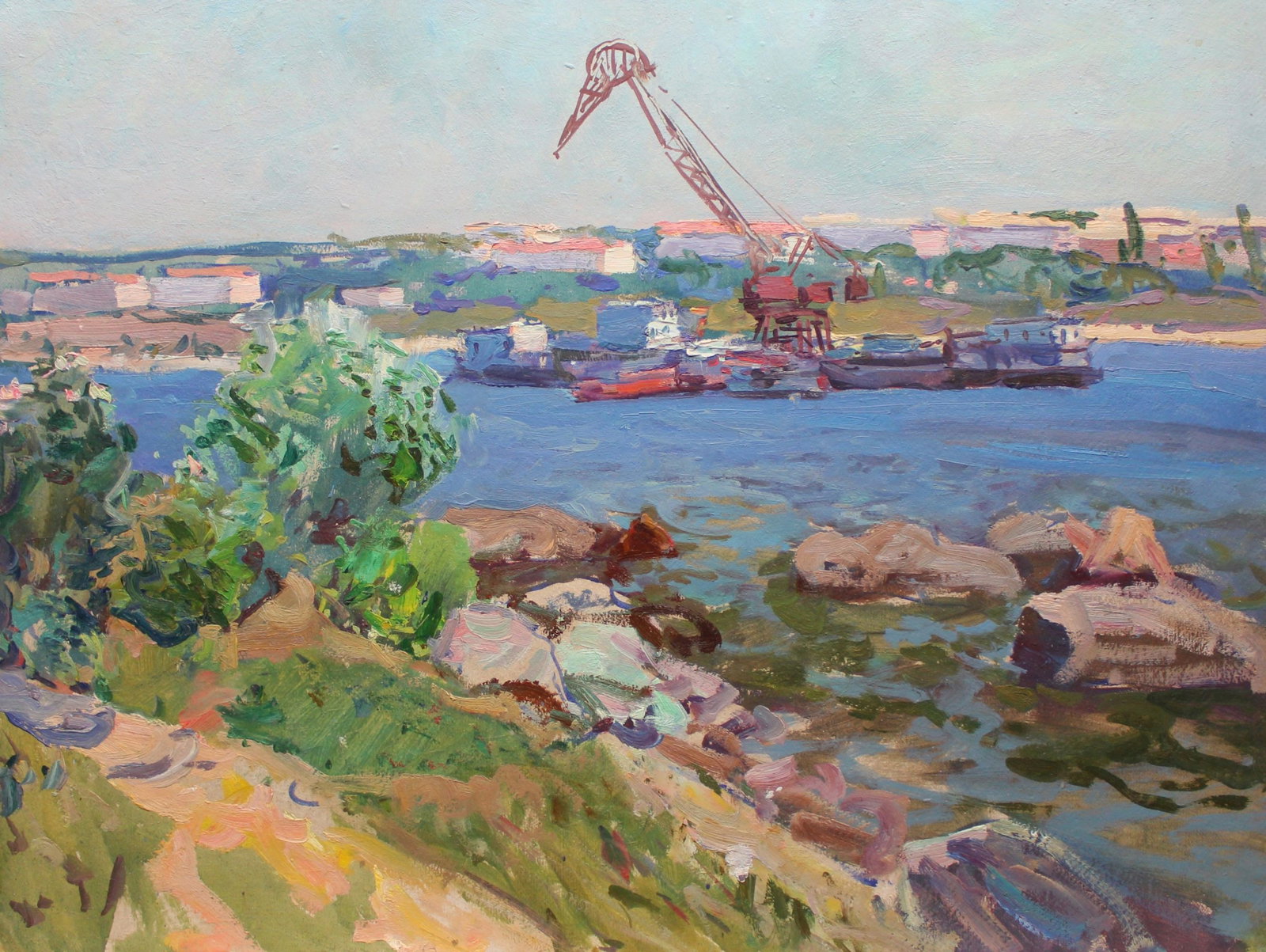 Gaiduk Viktor (Ukrainian artist), "Sea port", oil on cardboard: ARTIST: Gaiduk Viktor Kyryllovych, Ukrainian artist TITLE: "Sea port" SIZE: 59 x 80 cm, (23 1/4 x 31 2/4 in.) MEDIUM: oil on cardboard YEAR OF CREATION: not dated CONDITION: The painting is in good vi