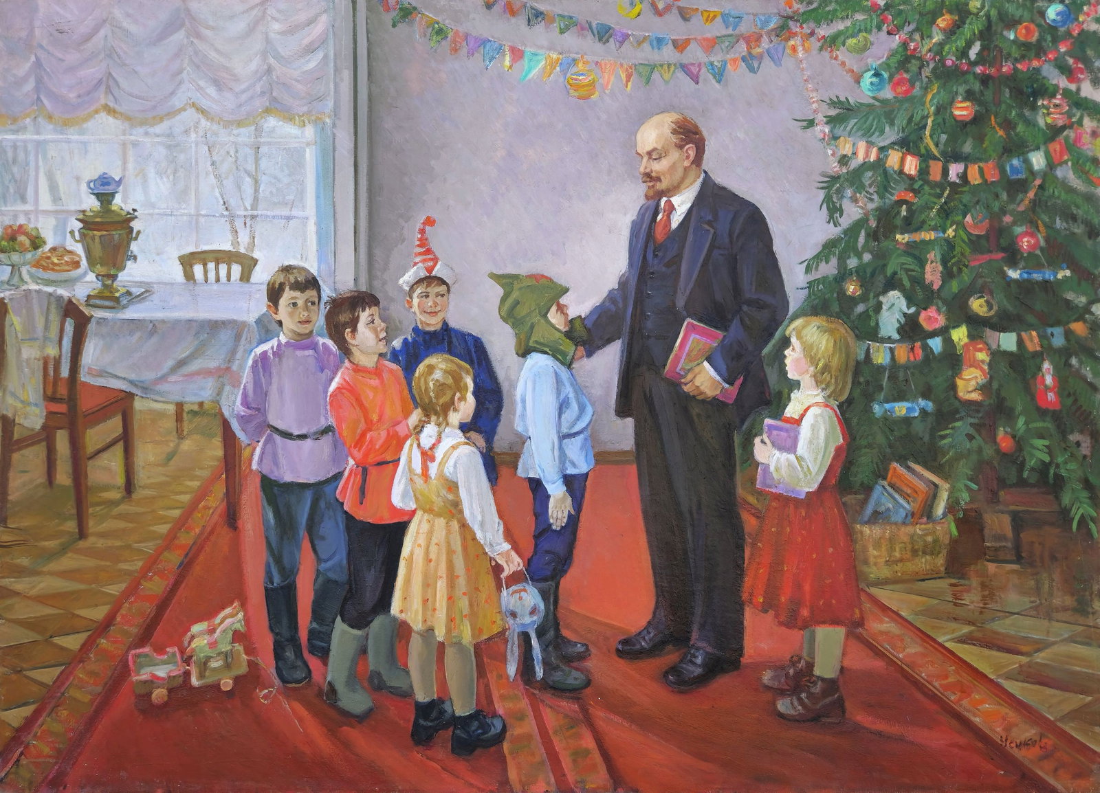 Usikova Evdokia (Ukrainian artist), "Lenin and children on a christmas tree", oil on canvas (1 of 4)