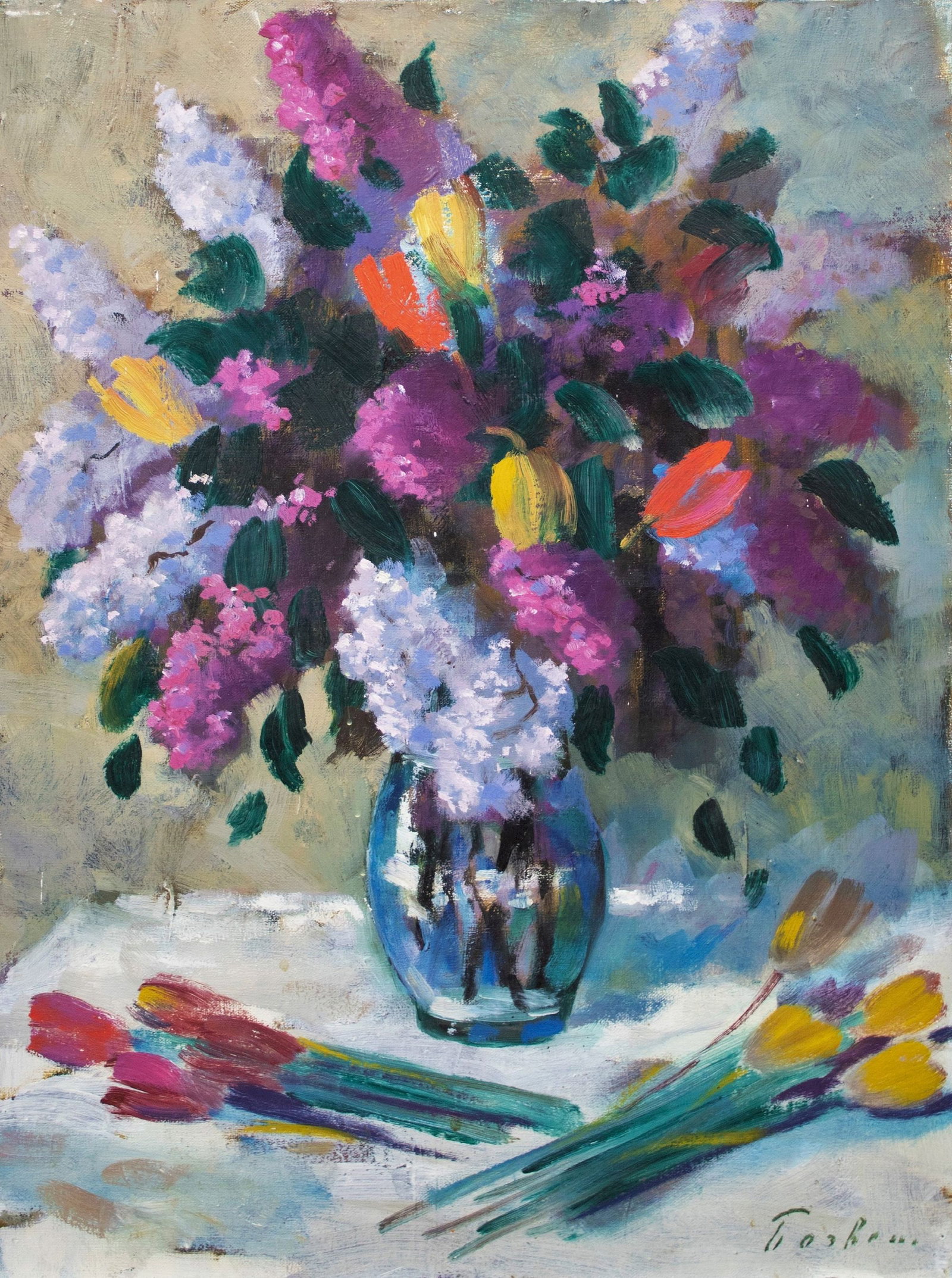 Bezverkhnev Fedir (Ukrainian artist), "Lilac and tulips", oil on canvas: ARTIST: Bezverkhnev Fedir Pavlovich, Ukrainian artist TITLE: "Lilac and tulips" SIZE: 70 x 50 cm, (27 2/4 x 19 3/4 in.) MEDIUM: oil on canvas YEAR OF CREATION: not dated CONDITION: The painting is in 