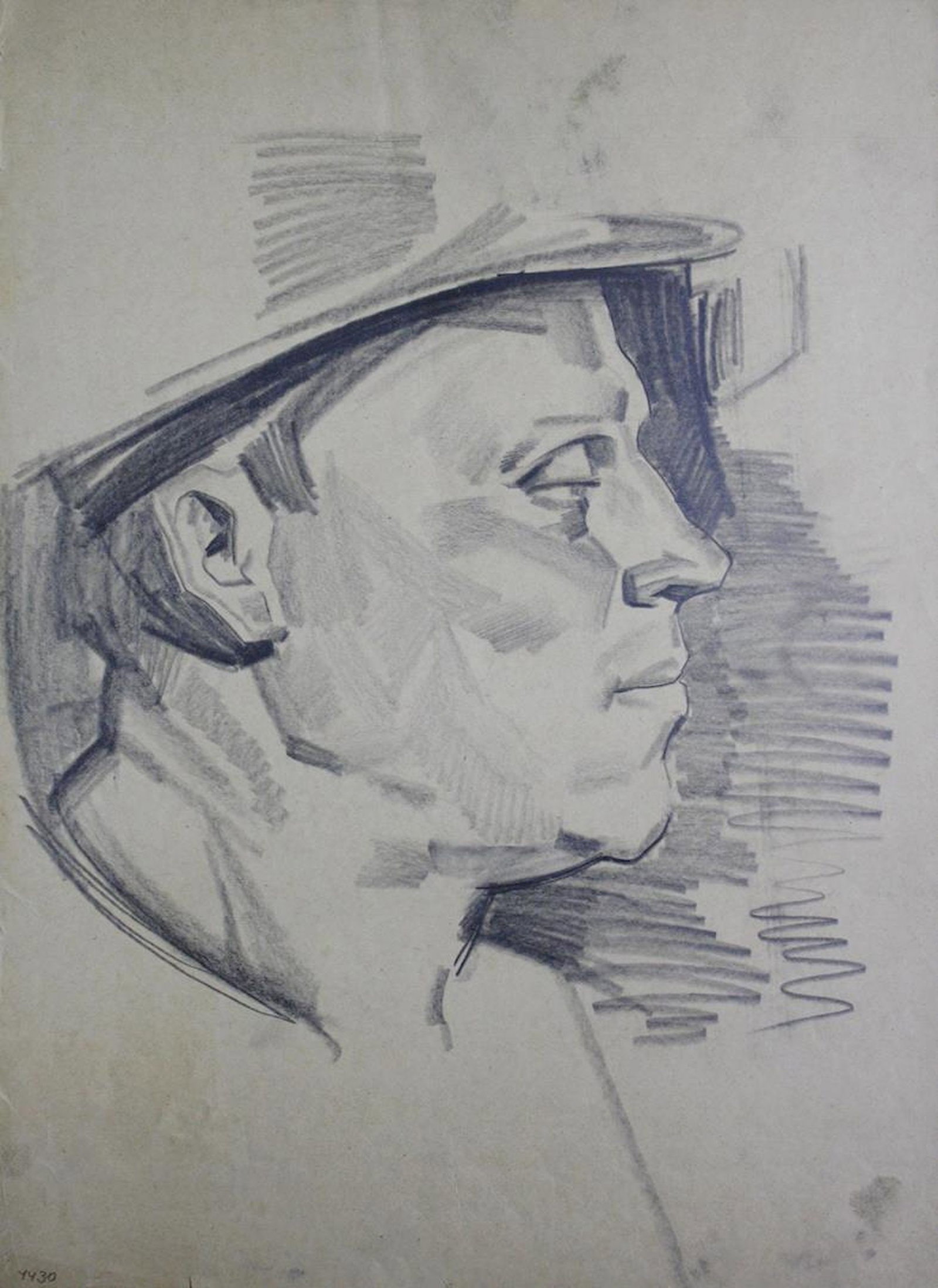 Mynka Olexandr (Ukrainian artist), "A man in a helmet. Profile", pencil on paper (1 of 2)