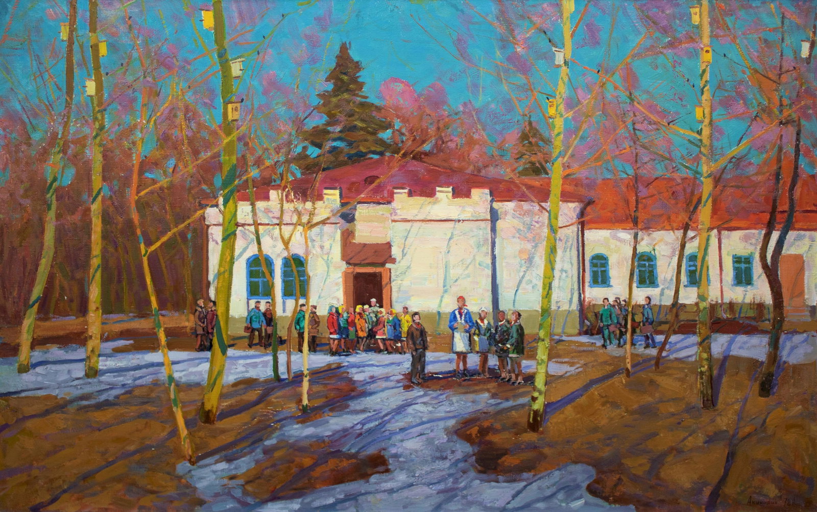 Akinshin Mykhaylo (Ukrainian artist), "Starlings came back", oil on canvas: ARTIST: Akinshin Mykhaylo Vasilovich, Ukrainian artist TITLE: "Starlings came back" SIZE: 90 x 140 cm, (35 2/4 x 55 in.) MEDIUM: oil on canvas YEAR OF CREATION: 1978 CONDITION: The painting is in