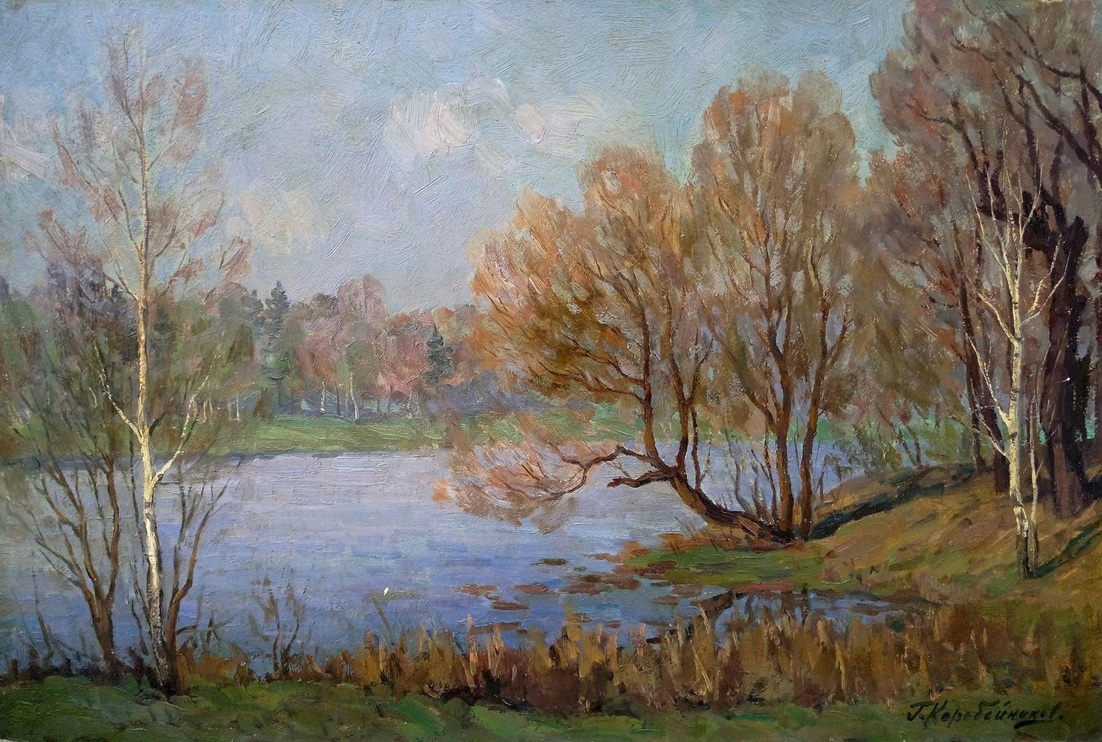 Korobeynikov (Ukrainian artist), "In the beginning of May", oil on cardboard: ARTIST: Korobeynikov G.A., TITLE: "In the beginning of May" SIZE: 46 x 69 cm, (18 x 27 1/4 in.) MEDIUM: oil on cardboard YEAR OF CREATION: 1977 CONDITION: The painting is in good vintage condition, as