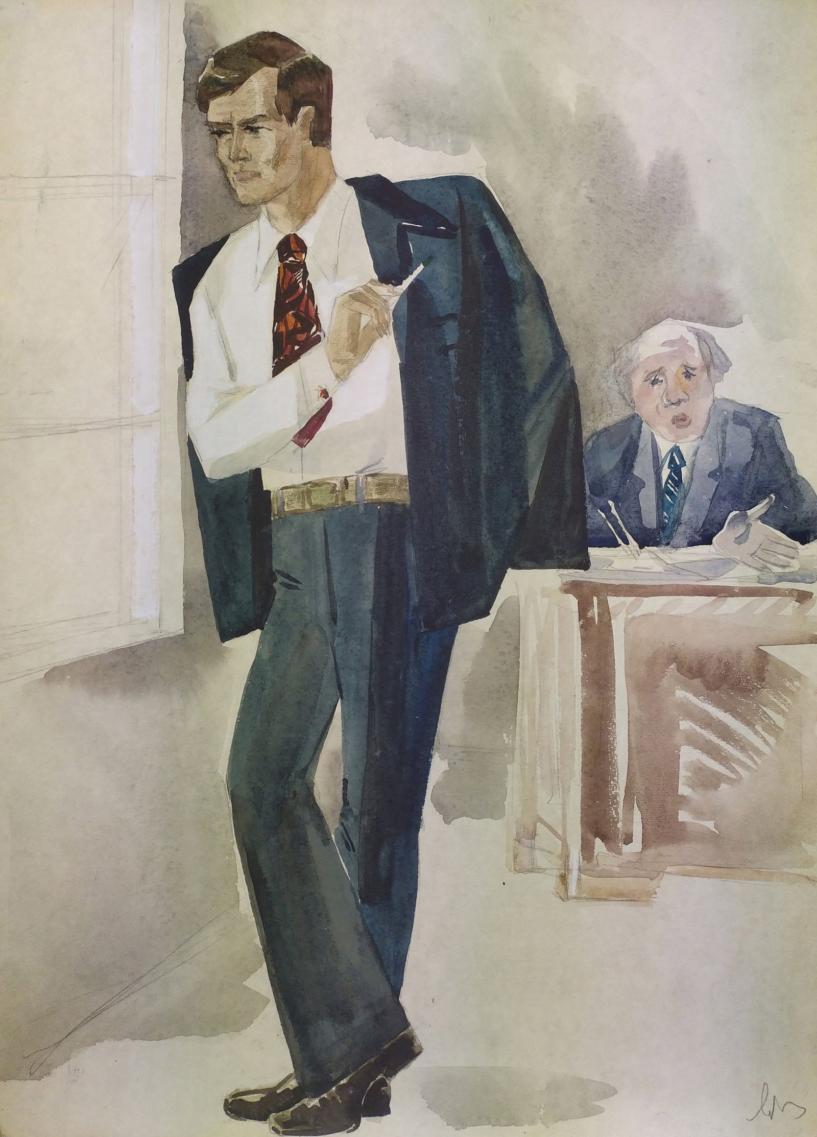 Yablonska Olena (Ukrainian artist), "Junior investigator", watercolor on cardboard: ARTIST: Yablonska Olena Nylivna, Ukrainian artist TITLE: "Junior investigator" SIZE: 55 x 40 cm, (21 3/4 x 15 3/4 in.) MEDIUM: watercolor on cardboard YEAR OF CREATION: not dated CONDITION: The painti