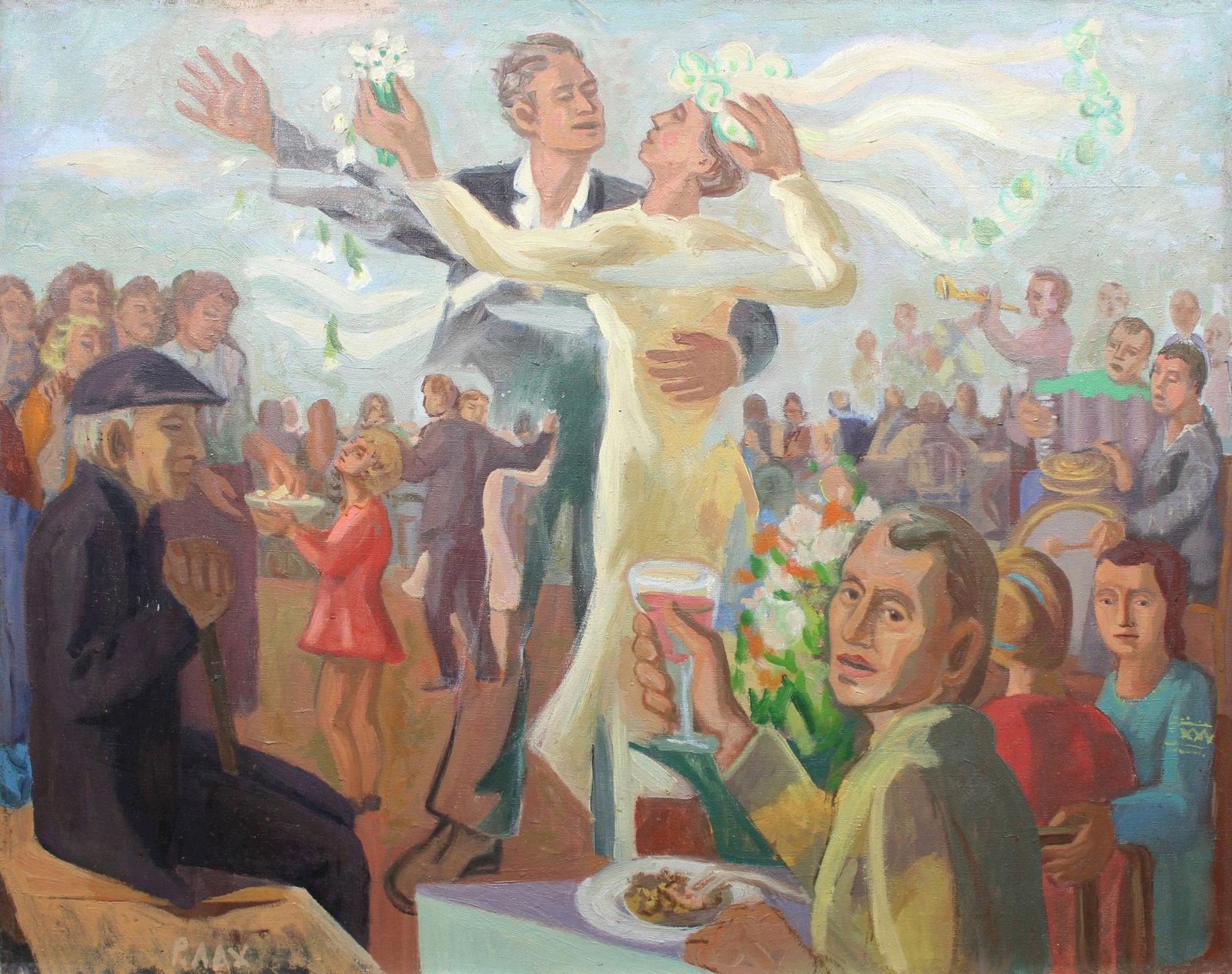 Lah Rostislav (Ukrainian artist), "Wedding", oil on canvas: ARTIST: Lah Rostislav Ivanovich, Ukrainian artist TITLE: "Wedding" SIZE: 71 x 90 cm, (28 x 35 2/4 in.) MEDIUM: oil on canvas YEAR OF CREATION: 1988 CONDITION: The painting is in good vintage condition